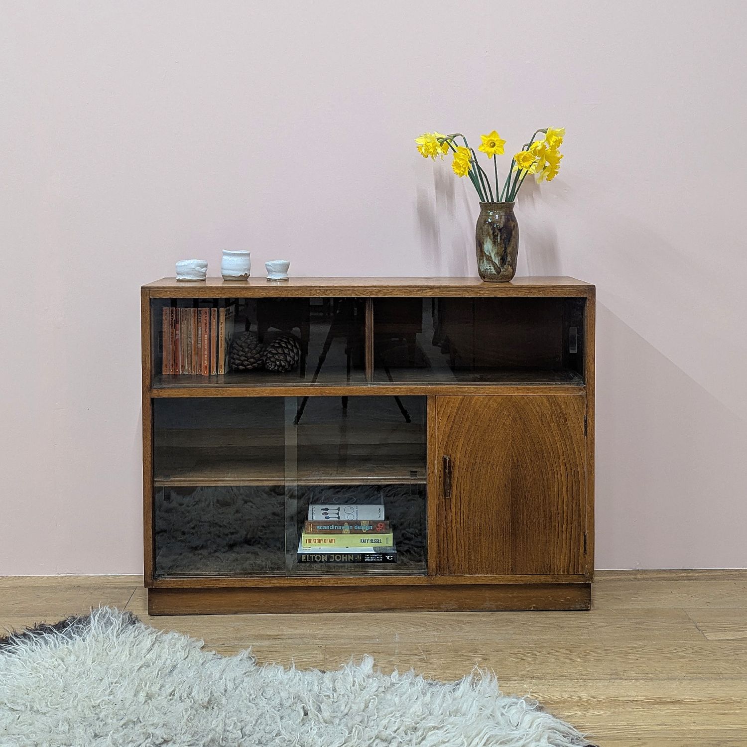 Vintage 1950s Oak Glazed Bookcase Cabinet