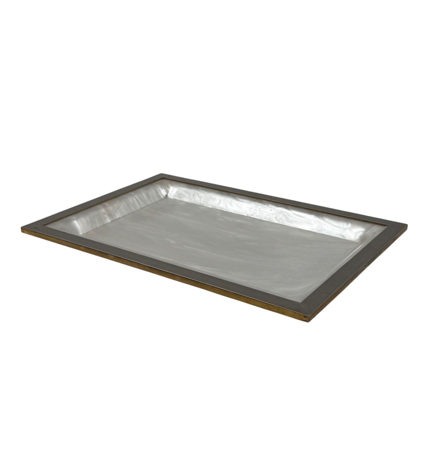 Hollywood Regency Brass And Faux Mother Of Pearl Lucite Tray, Italy 1970s photo vintage