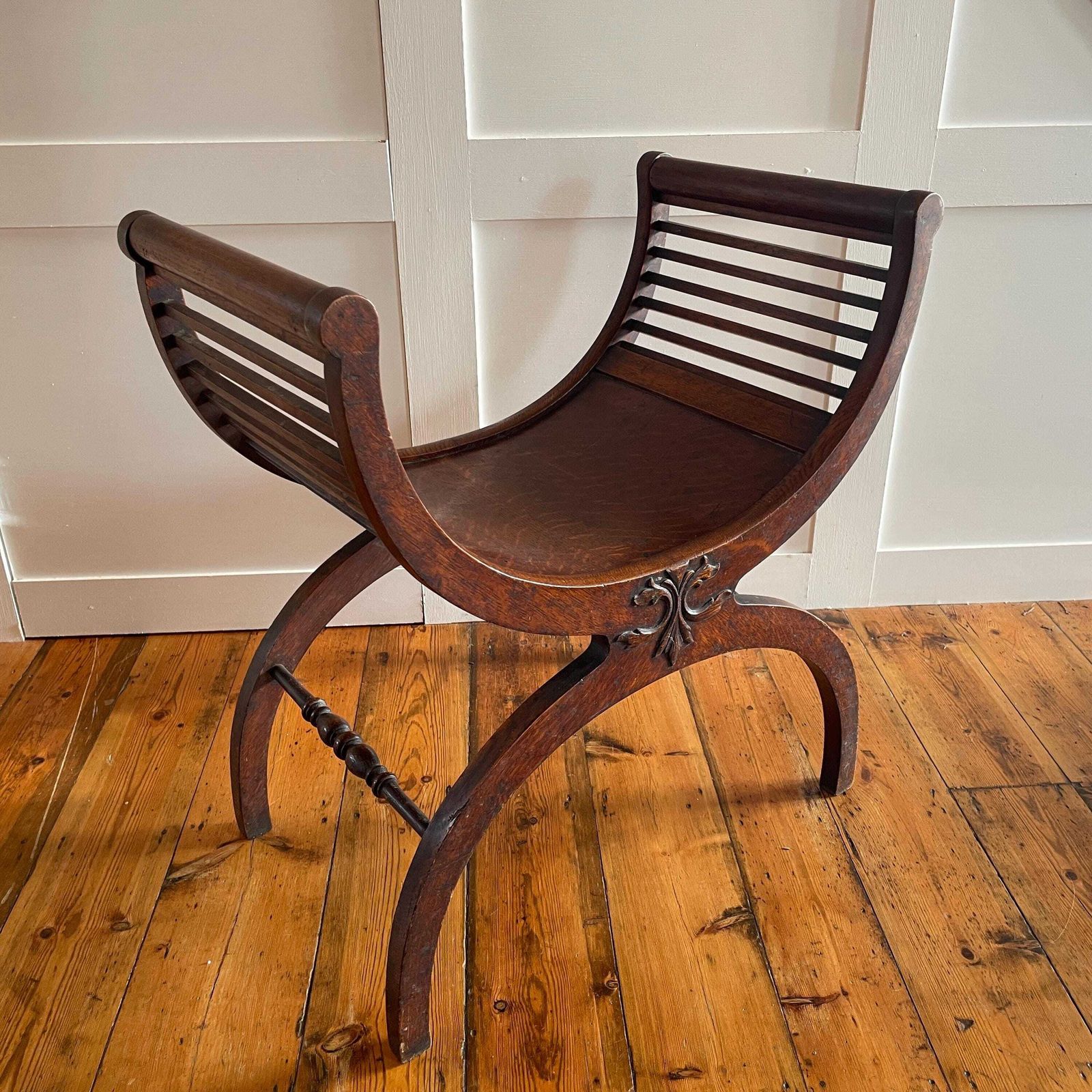 Curved Wooden Curule Chair Antique Mahogany Wood X Frame Stool Early 1900's Decorative Accent Seat Edwardian English Style photo Furniture