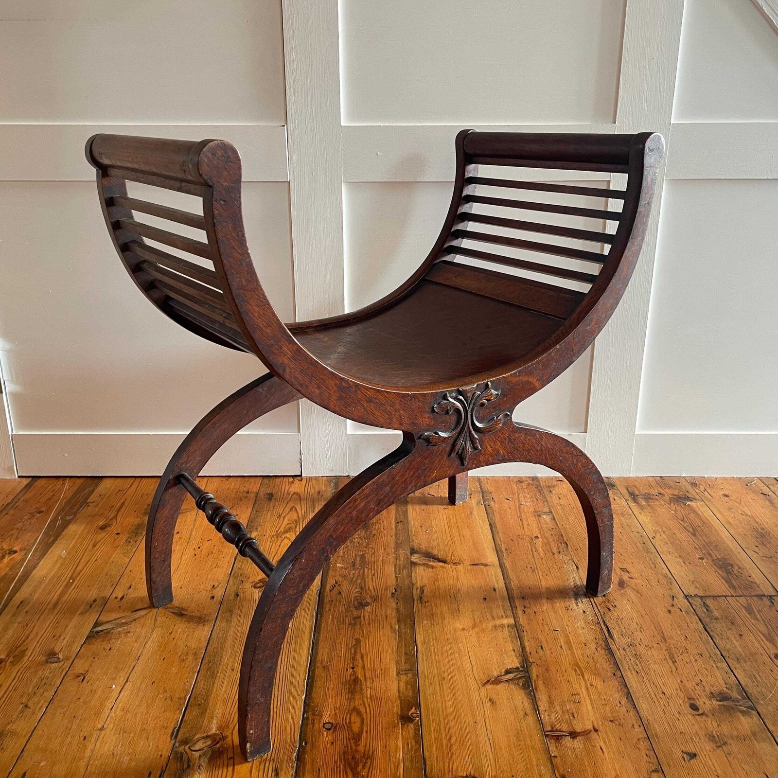 Curved Wooden Curule Chair Antique Mahogany Wood X Frame Stool Early 1900's Decorative Accent Seat Edwardian English Style photo 595.0