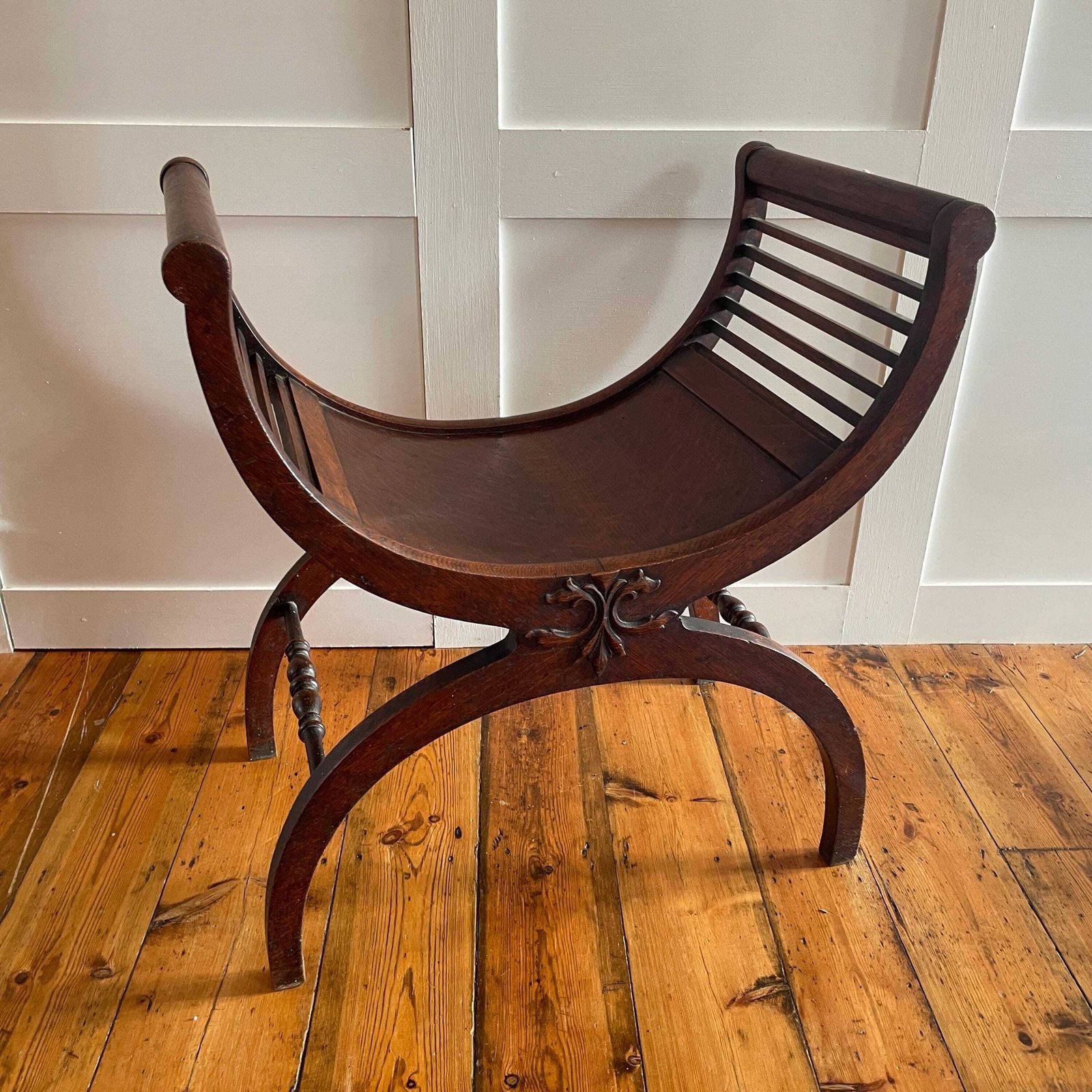 595.0 Curved Wooden Curule Chair Antique Mahogany Wood X Frame Stool Early 1900's Decorative Accent Seat Edwardian English Style photo