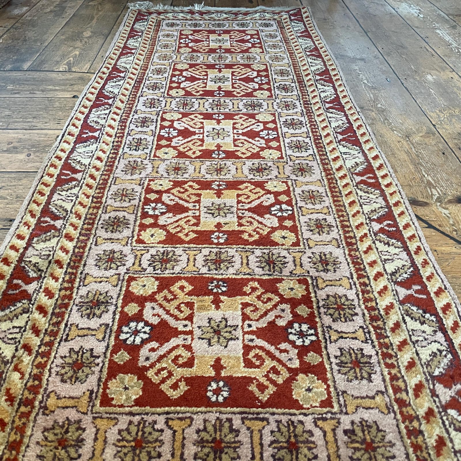 Antique Style Runner Rug Wool Hallway Vintage Oriental Soft Pink Red 4 Meters Geometric Tassels Handmade Wool Narrow Entryway photo for sale
