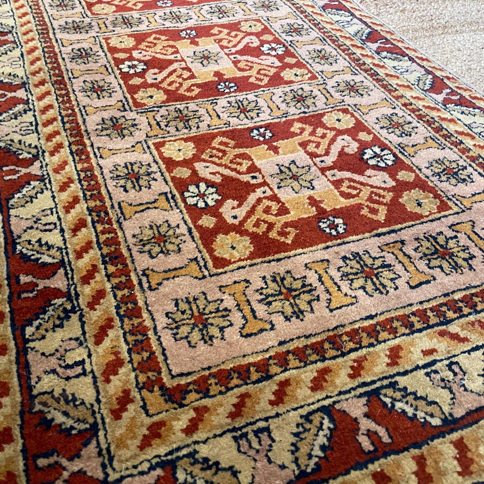 Antique Style Runner Rug Wool Hallway Vintage Oriental Soft Pink Red 4 Meters Geometric Tassels Handmade Wool Narrow Entryway photo buy