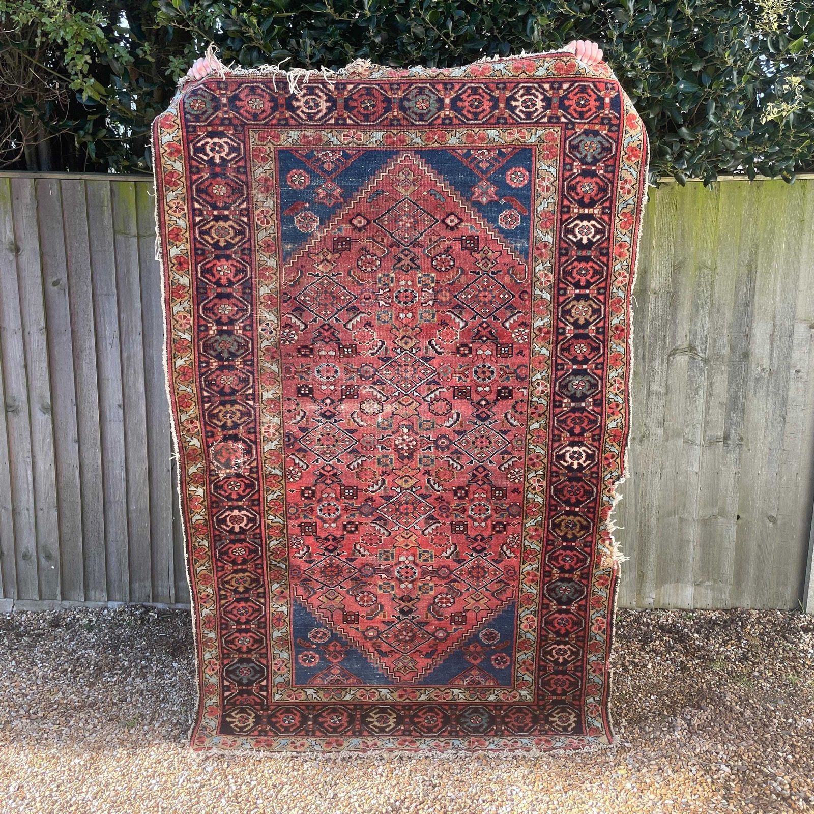 Antique Rug Tribal Hand Knotted Red Navy Blue Hallway Area Carpet Middle Eastern Handwoven Geometric