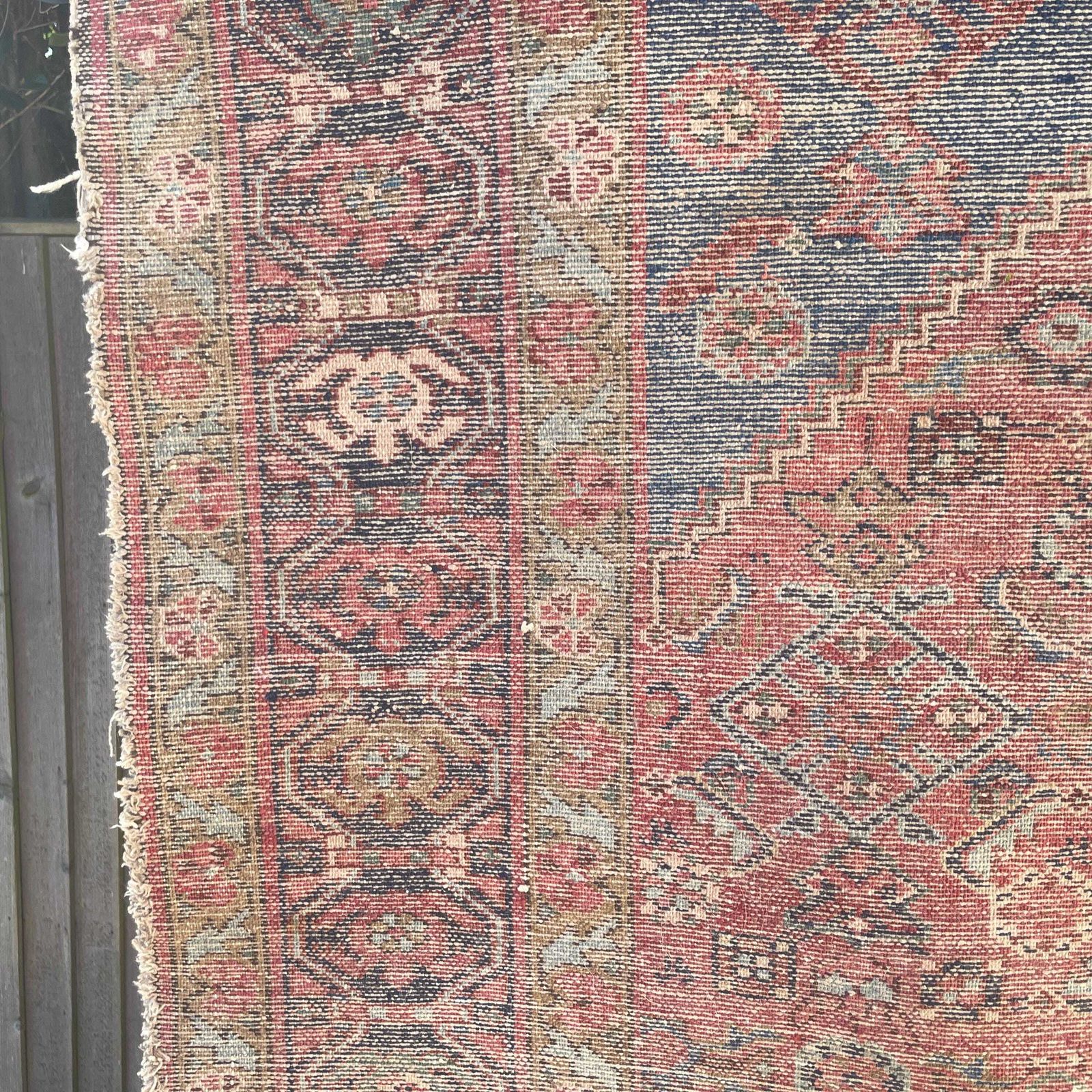 Textiles Antique Rug Tribal Hand Knotted Red Navy Blue Hallway Area Carpet Middle Eastern Handwoven Geometric photo