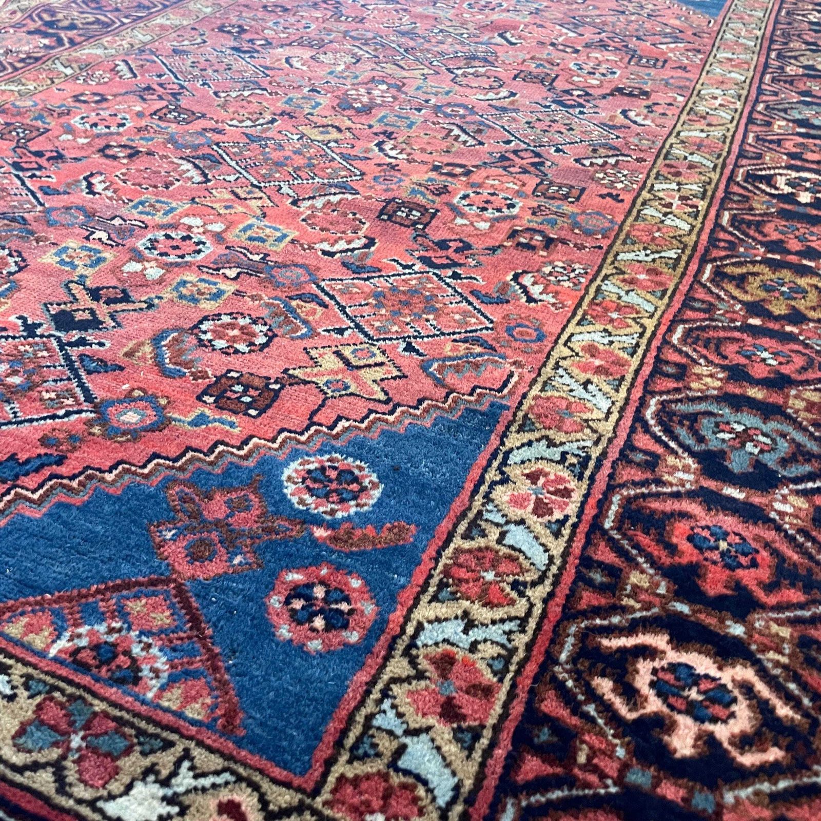 photo buy Antique Rug Tribal Hand Knotted Red Navy Blue Hallway Area Carpet Middle Eastern Handwoven Geometric
