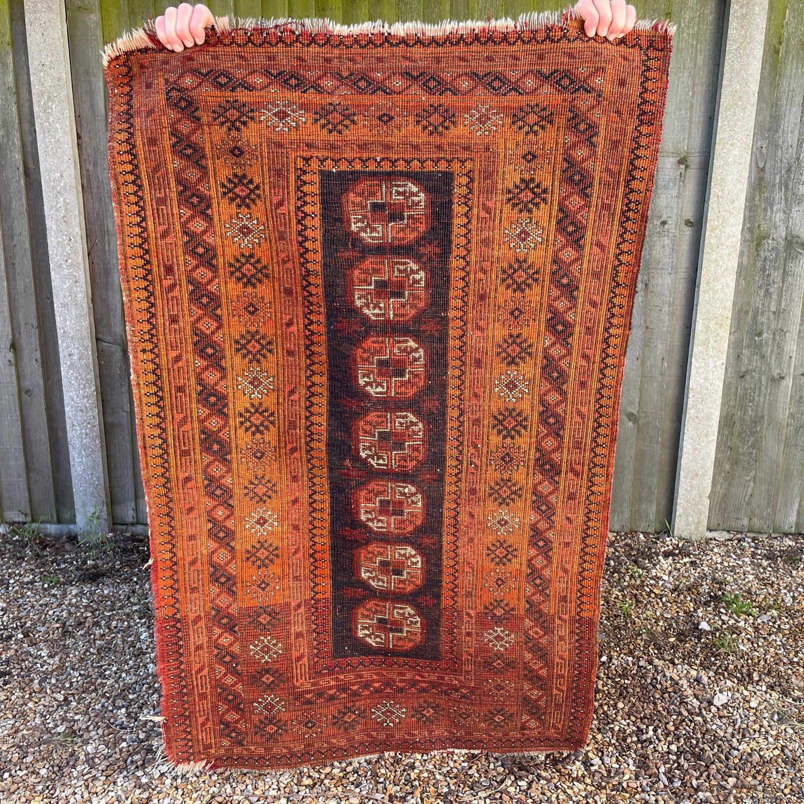 Middle Eastern Wool Rug Hand Knotted Orange Brown Geometric Patter Small Area Carpet Low Pile Hallway Bedroom Living Room