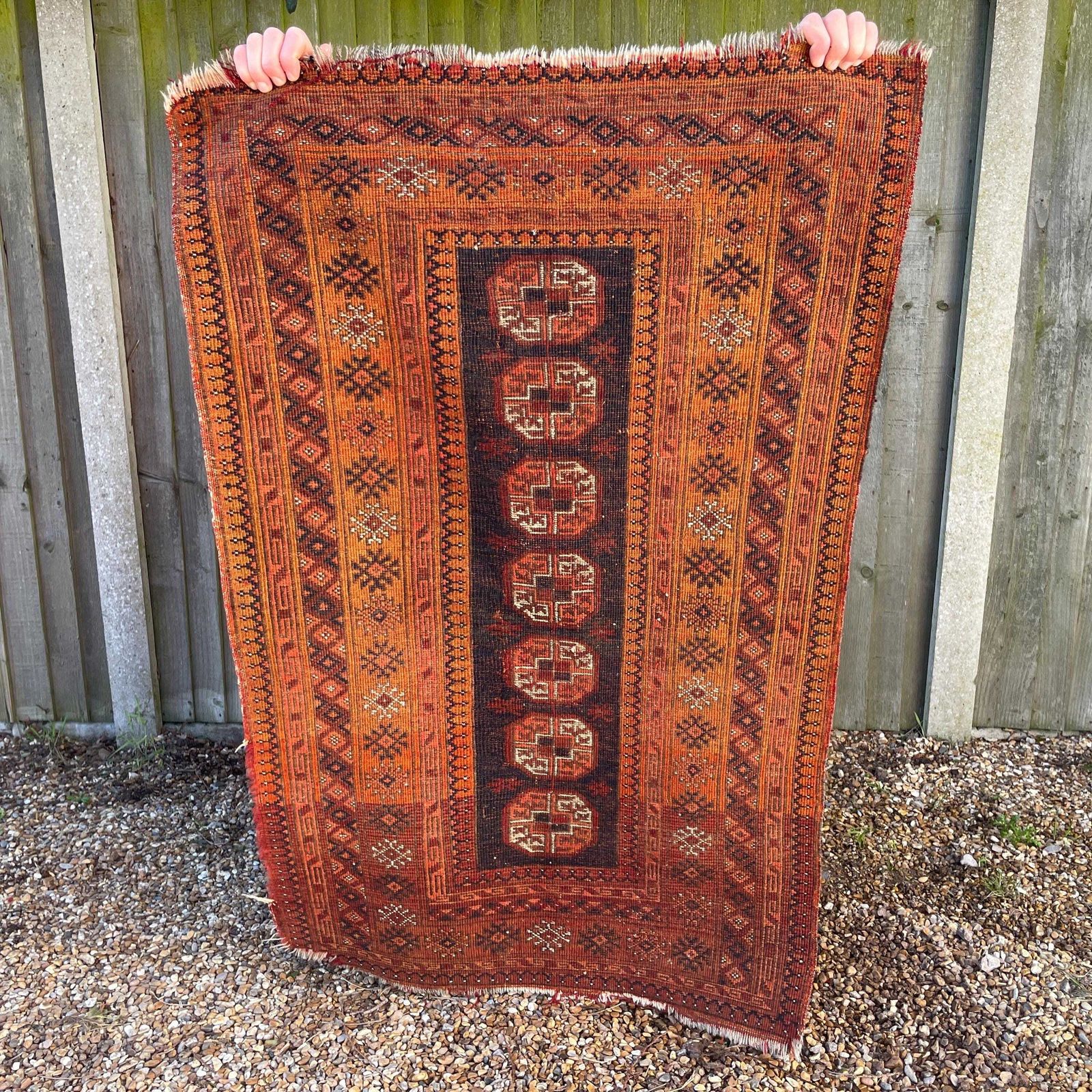 Middle Eastern Wool Rug Hand Knotted Orange Brown Geometric Patter Small Area Carpet Low Pile Hallway Bedroom Living Room photo furniture