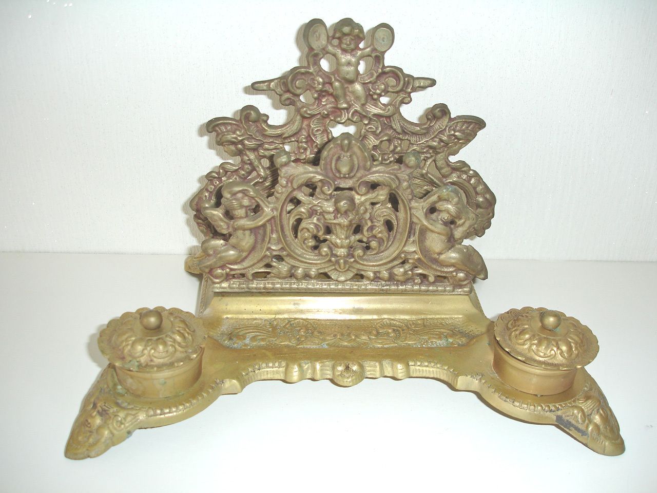 Cherub Letter Rack Brass Baroque French Desk Tidy Metal Pen Holder 2 Inkwells