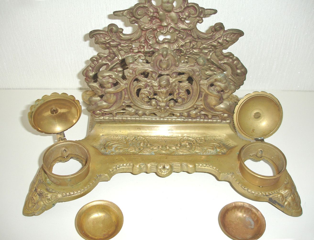 Cherub Letter Rack Brass Baroque French Desk Tidy Metal Pen Holder 2 Inkwells photo 55.0