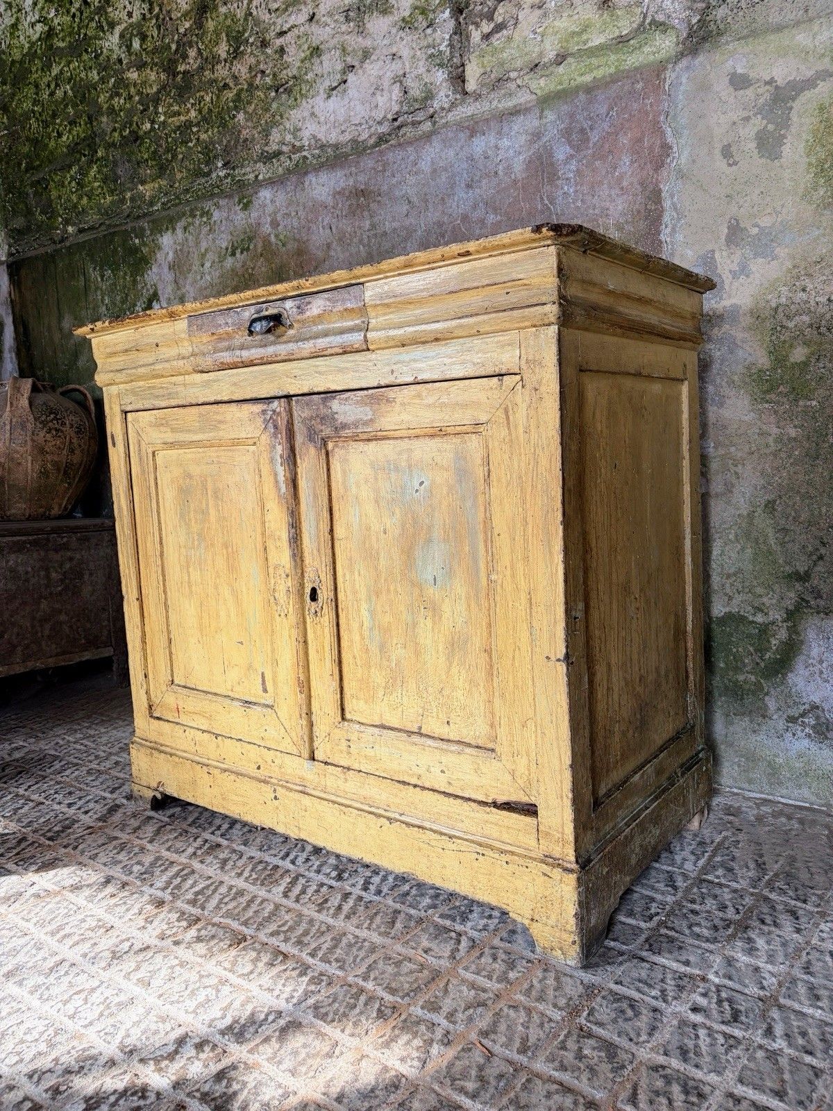 Antique French Provincial Yellow Farmhouse Pine Buffet Sideboard  19th Century. photo for sale