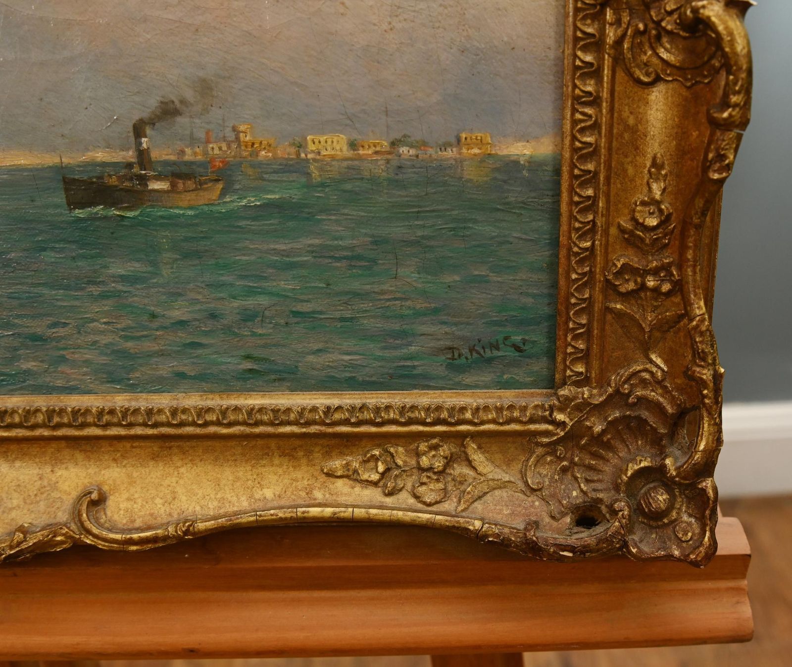 Victorian Sea Scape Oil Painting Harbour Signed D King 1890 photo furniture