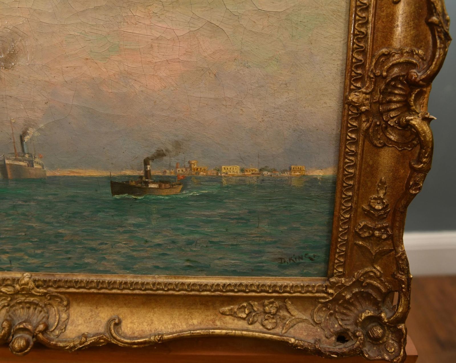 Victorian Sea Scape Oil Painting Harbour Signed D King 1890 photo for sale