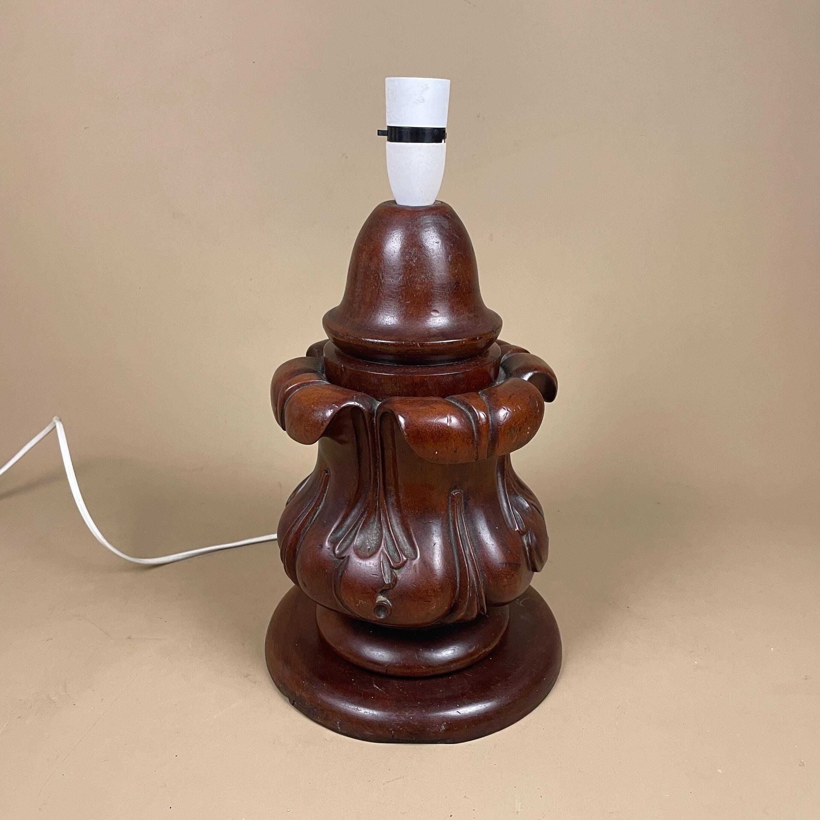 Wooden Lamp Light Bedside Side Table Vintage Hand Carved Wood Pattern Brown Chunky Handmade Traditional Antique Classic