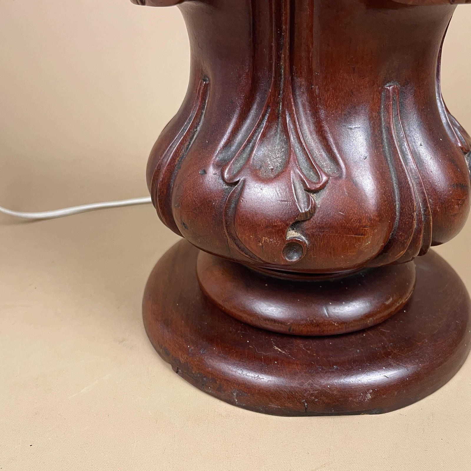 Wooden Lamp Light Bedside Side Table Vintage Hand Carved Wood Pattern Brown Chunky Handmade Traditional Antique Classic photo for sale
