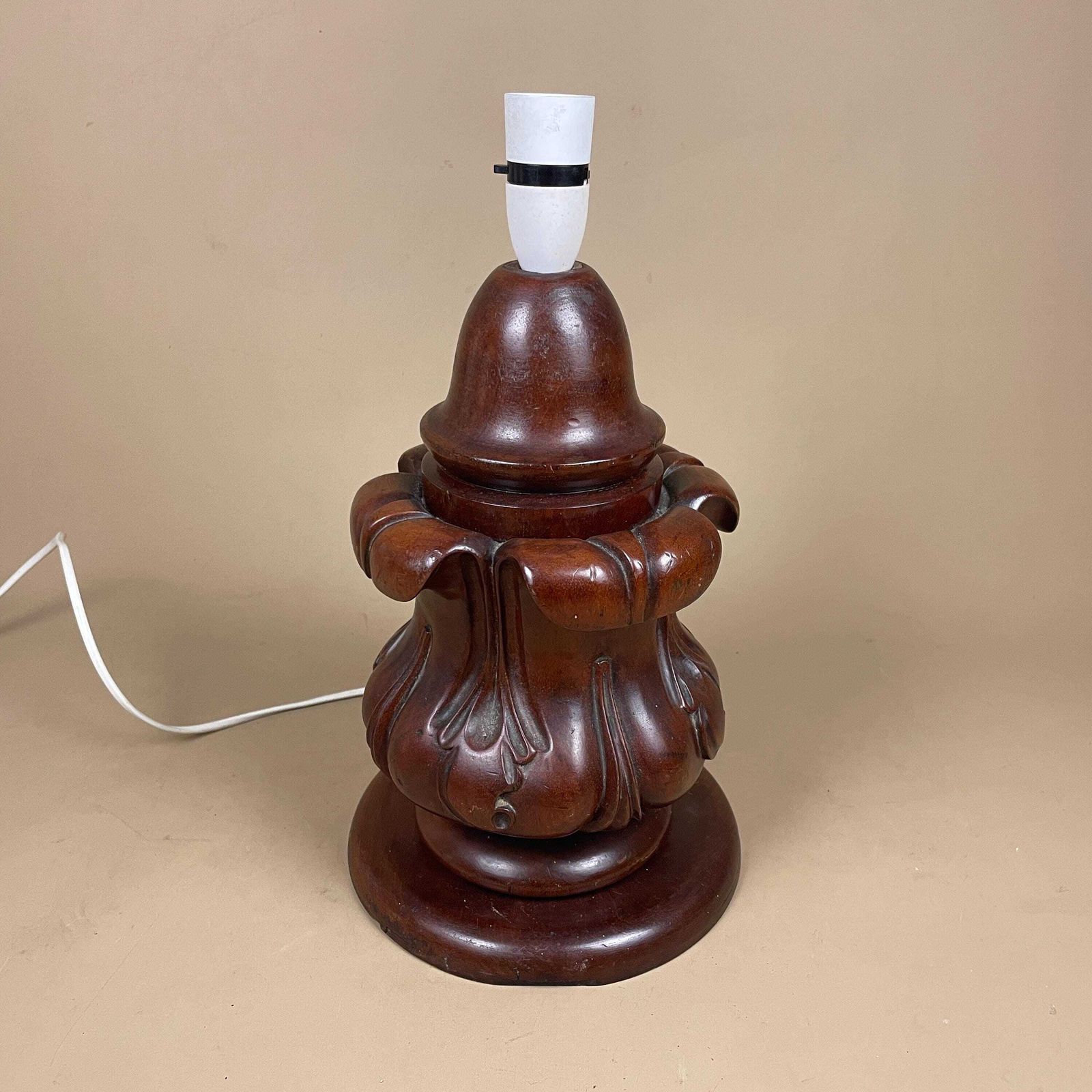 Wooden Lamp Light Bedside Side Table Vintage Hand Carved Wood Pattern Brown Chunky Handmade Traditional Antique Classic photo Lighting