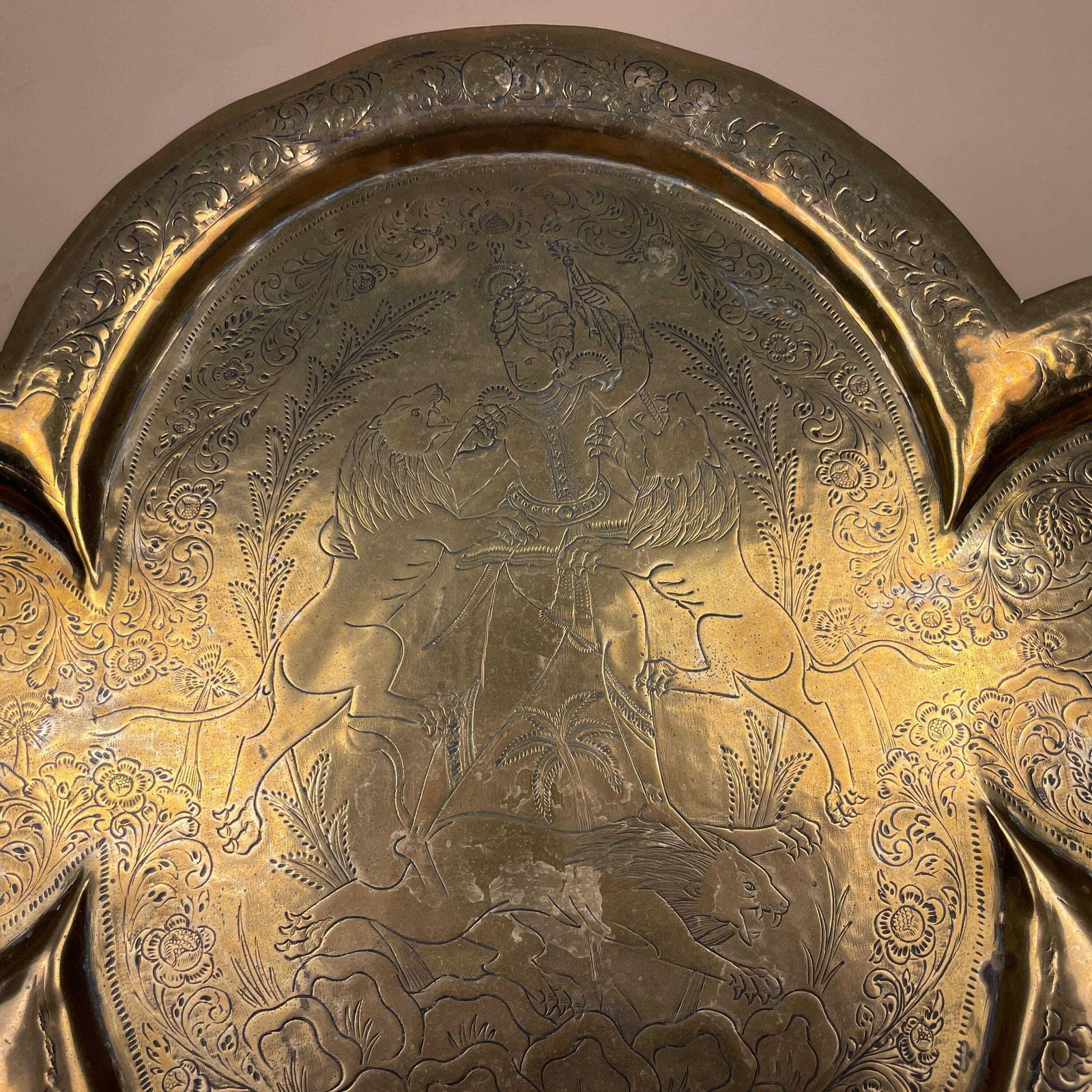 Antique Metal Gold Indian Patterned Brass Tray 58.7x32.3cm Plate Handmade Etched Intricate Decorative Pattern Wall Art Vintage India photo vintage