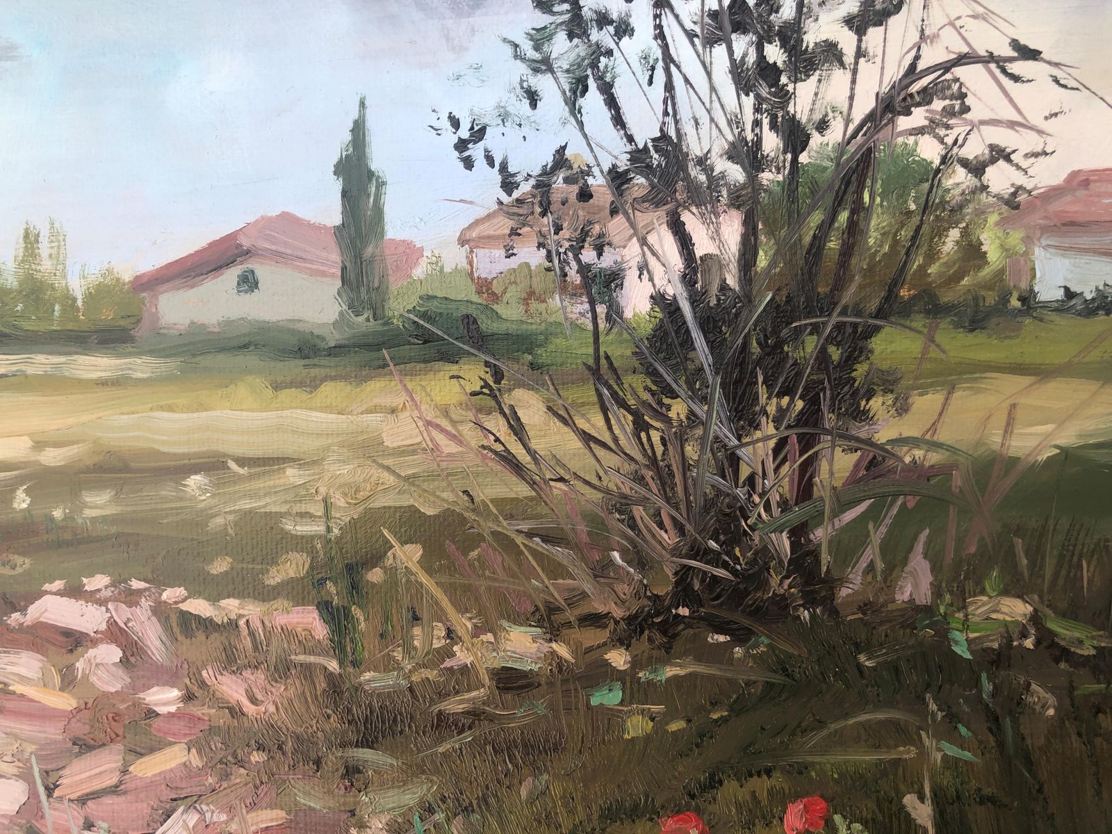 Alberto Biesok Small Mediterranean Countryside Landscape Painting With Wildflowers, Spanish Oil 2020 photo for sale