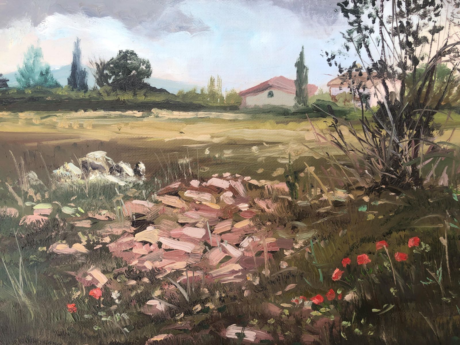 Alberto Biesok Small Mediterranean Countryside Landscape Painting With Wildflowers, Spanish Oil 2020 photo vintage