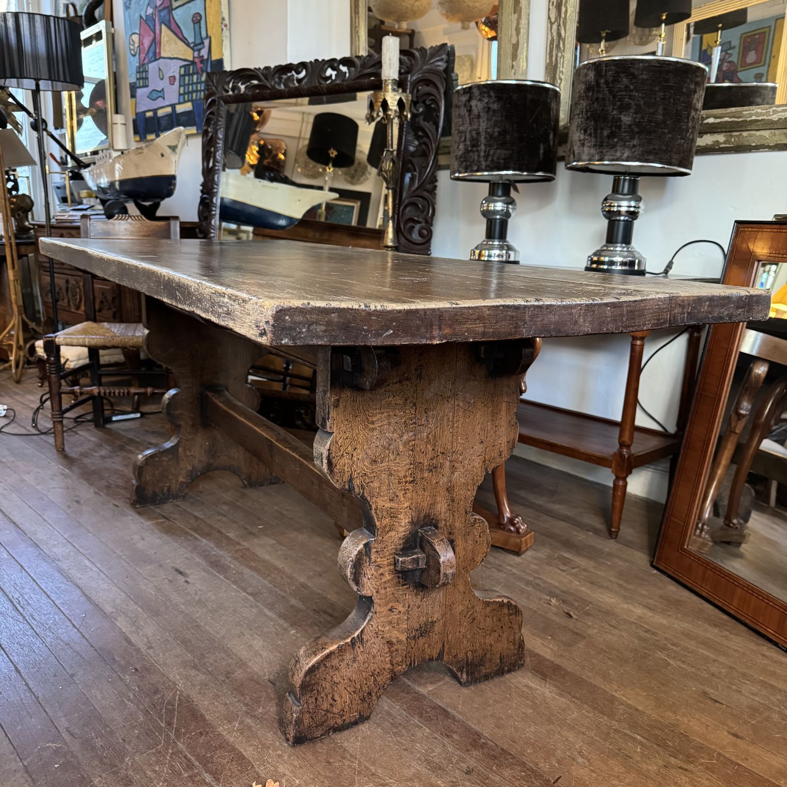 Oak Trestle Table, 1800s, Antique