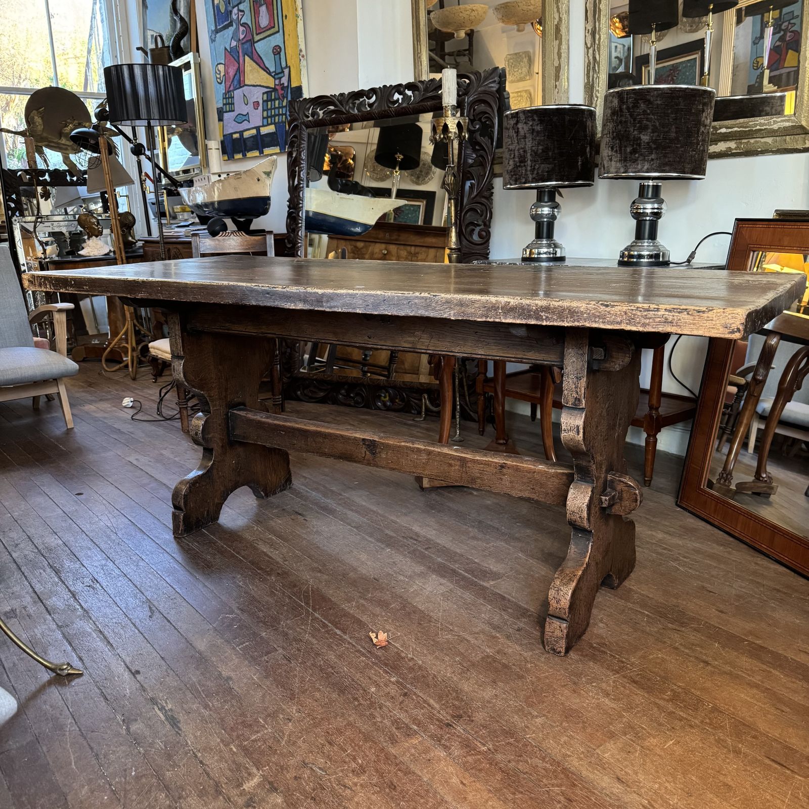 Oak Trestle Table, 1800s, Antique photo furniture