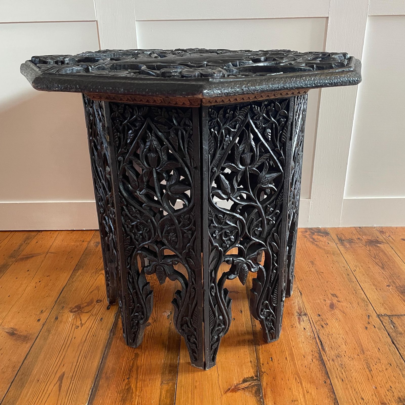 Anglo Indian Wooden Table Fold Down Campaign Decorative Intricate Patterned Hand Crafted Octogan C.1900 Antique Plant Stand Carved Wood photo furniture