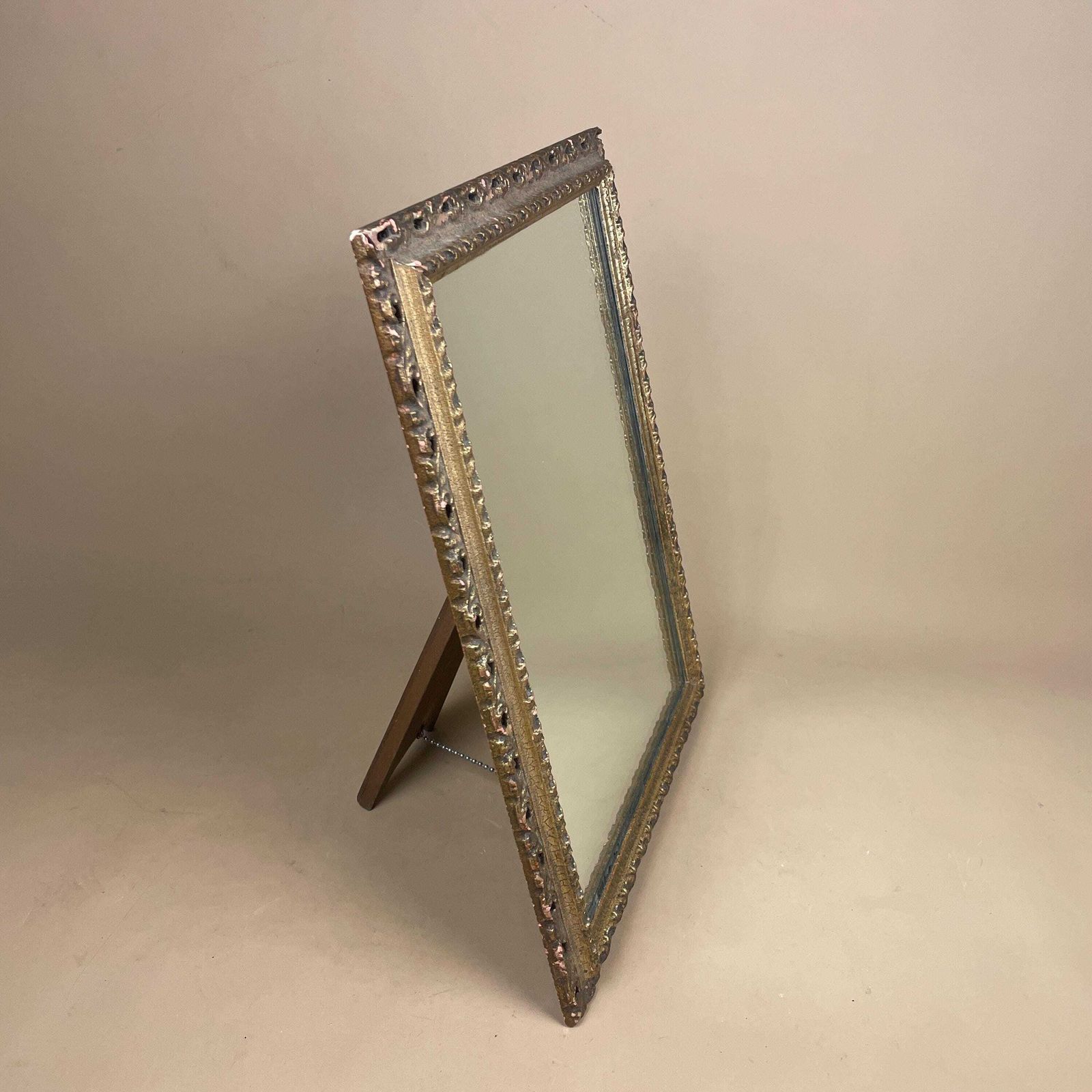 Vintage Freestanding Mirror Gold Gilt Wood Frame Portrait Dressing Tabletop Ornate Gilted Bedroom Vanity Decorative Rectangle Wooden photo vinterior