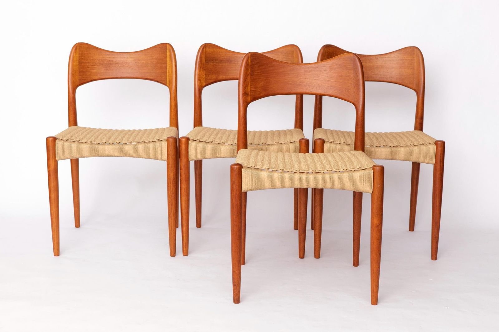 Set Of 4 Danish Dining Chairs By Arne Hovmand Olsen For Mogens Kold, 1960s Mid Century Teak Chairs With Danish Cord Seats