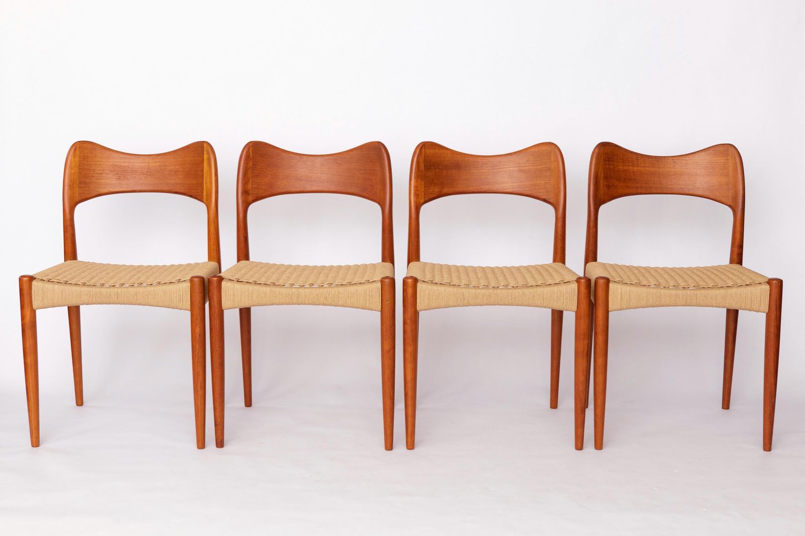 Set Of 4 Danish Dining Chairs By Arne Hovmand Olsen For Mogens Kold, 1960s Mid Century Teak Chairs With Danish Cord Seats photo furniture