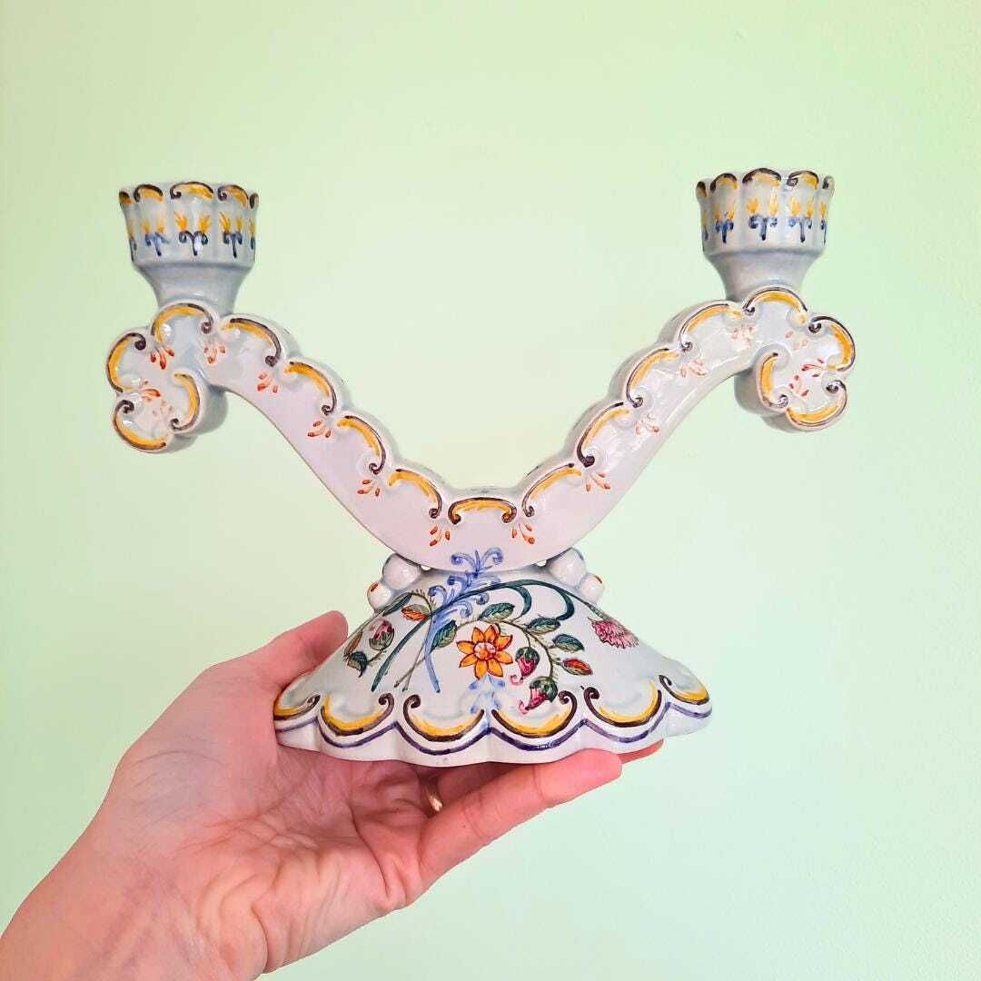 1930's Portuguese Rococo Hand Painted Polychrome Candelabra Made In 1939 photo vinterior