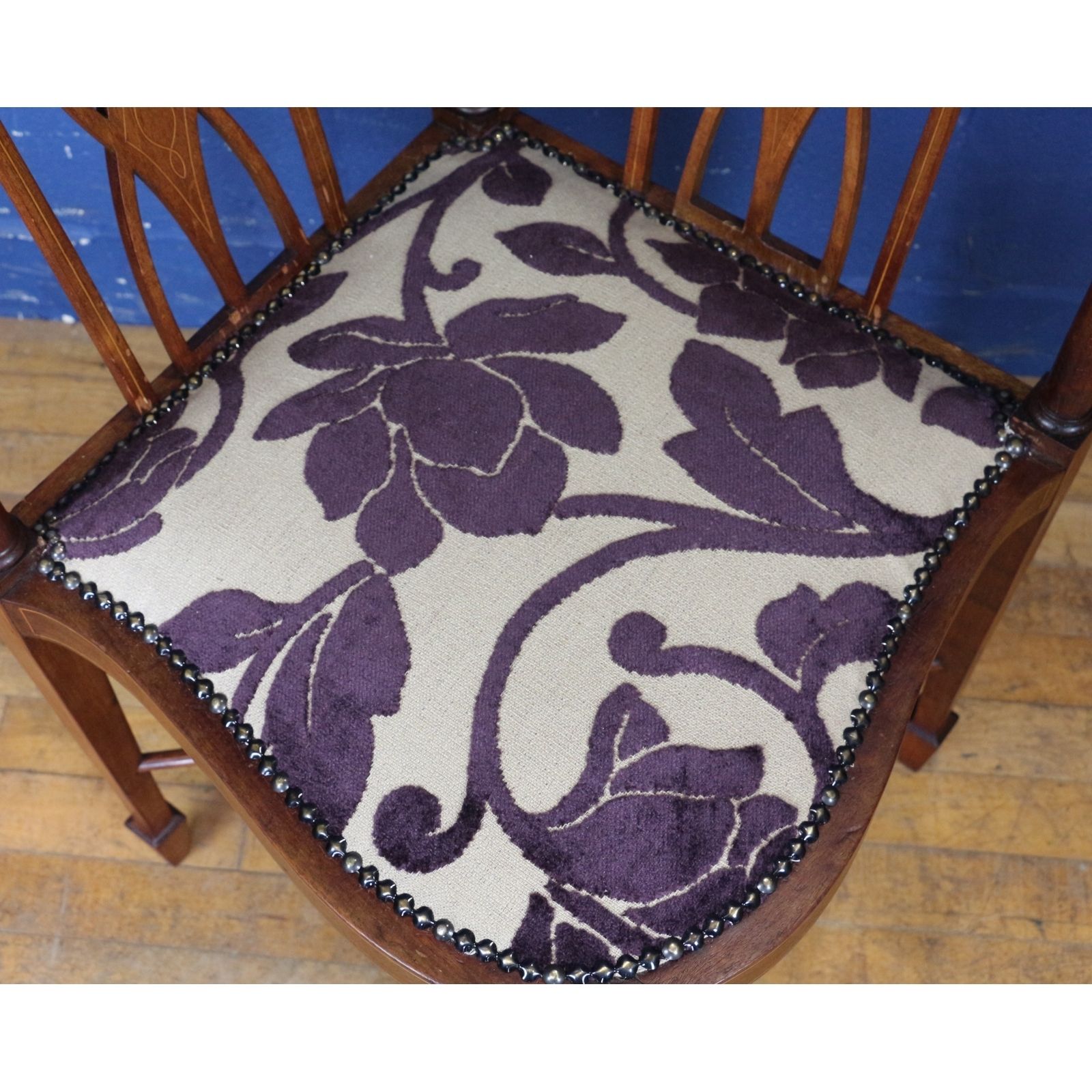 An Edwardian Inlaid Mahogany Serpentine Fronted Corner Chair Freshly Reupholstered photo 245.0