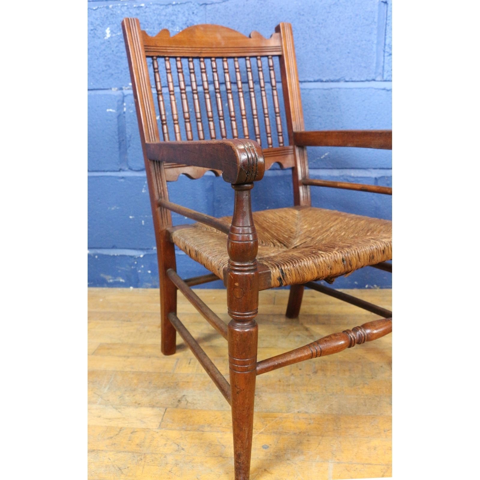 A Victorian Turned Mahogany And Rush Based Childs Low Open Armchair, Doll Or Teddy Display photo vinterior