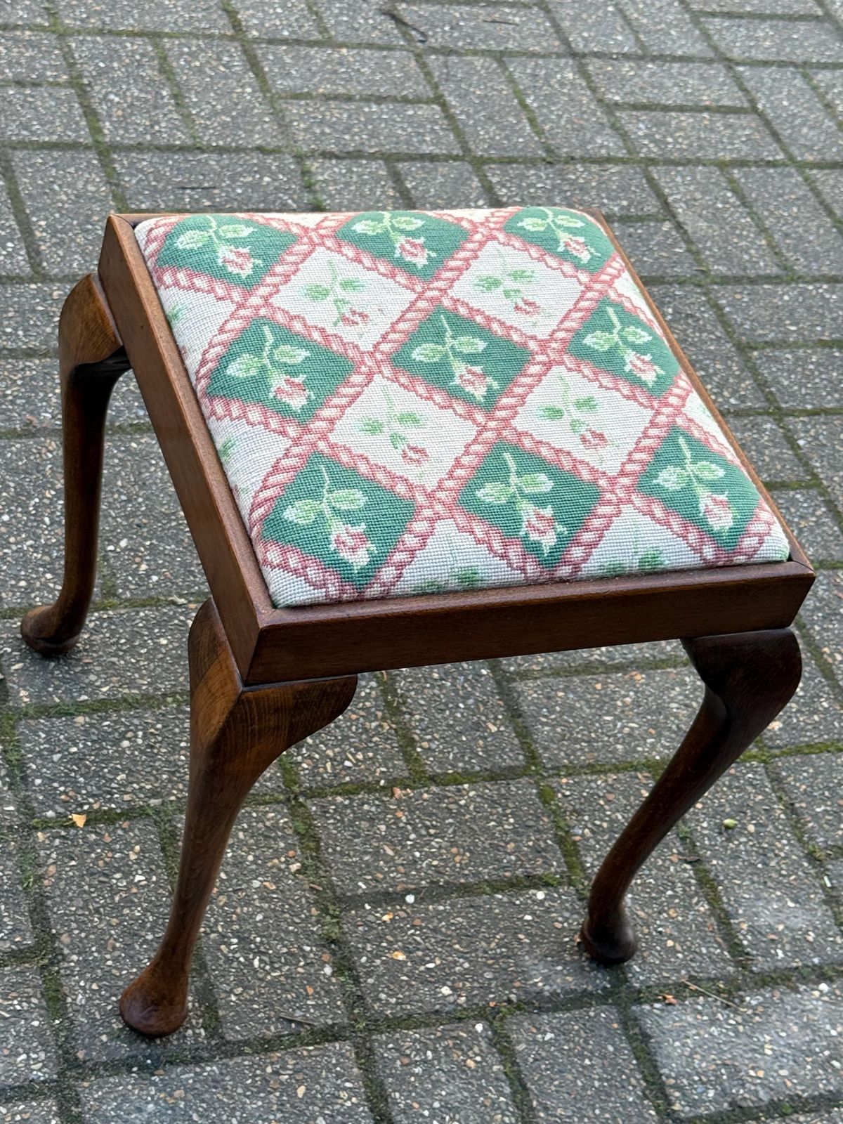 photo for sale Vintage 1930s Queen Anne Style Stool With Upholstered Needlepoint Seat