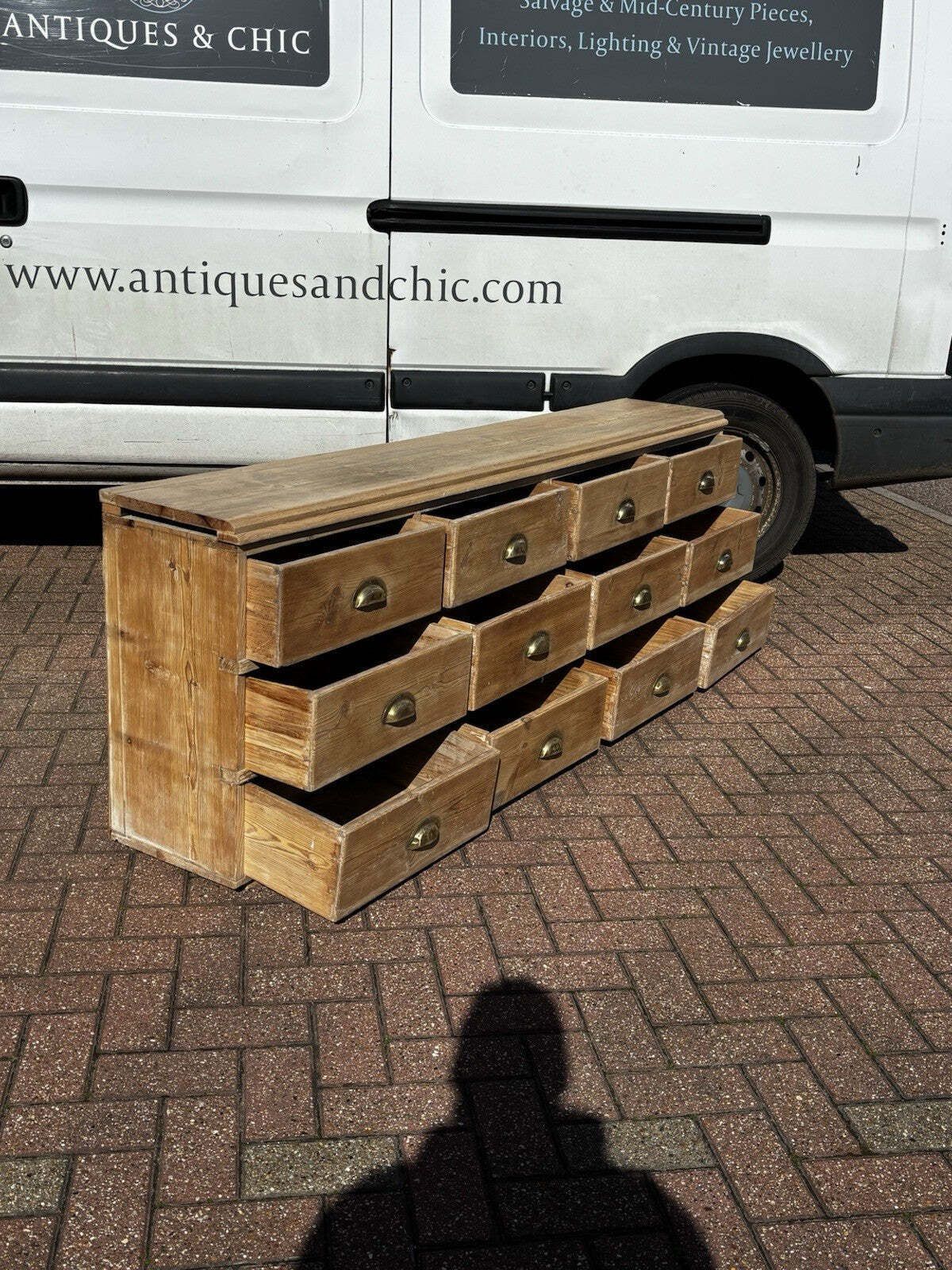 Pine Bank Of 12 Deep Shop Drawers. Perfect For A Large Tv To Sit On. photo furniture