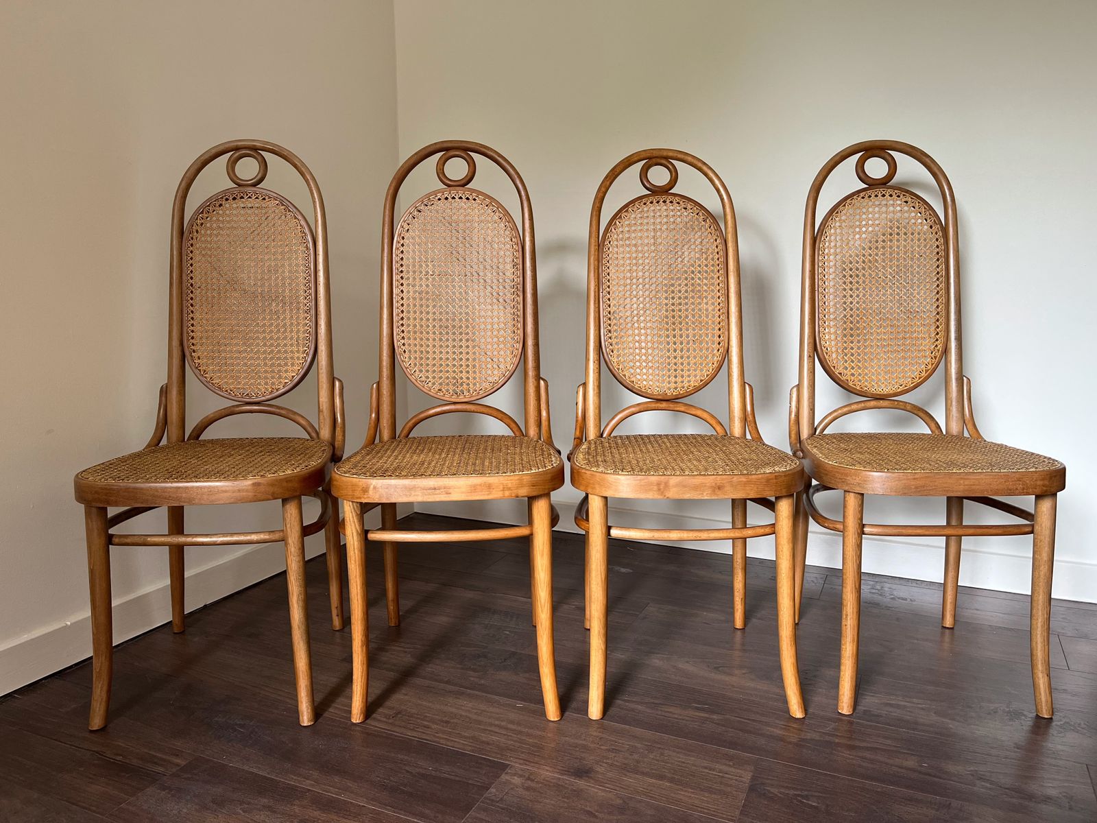 4 1960's Beech Bentwood Cane Dining Chairs By Dinette In The Thonet 'Long John' No.17 Style