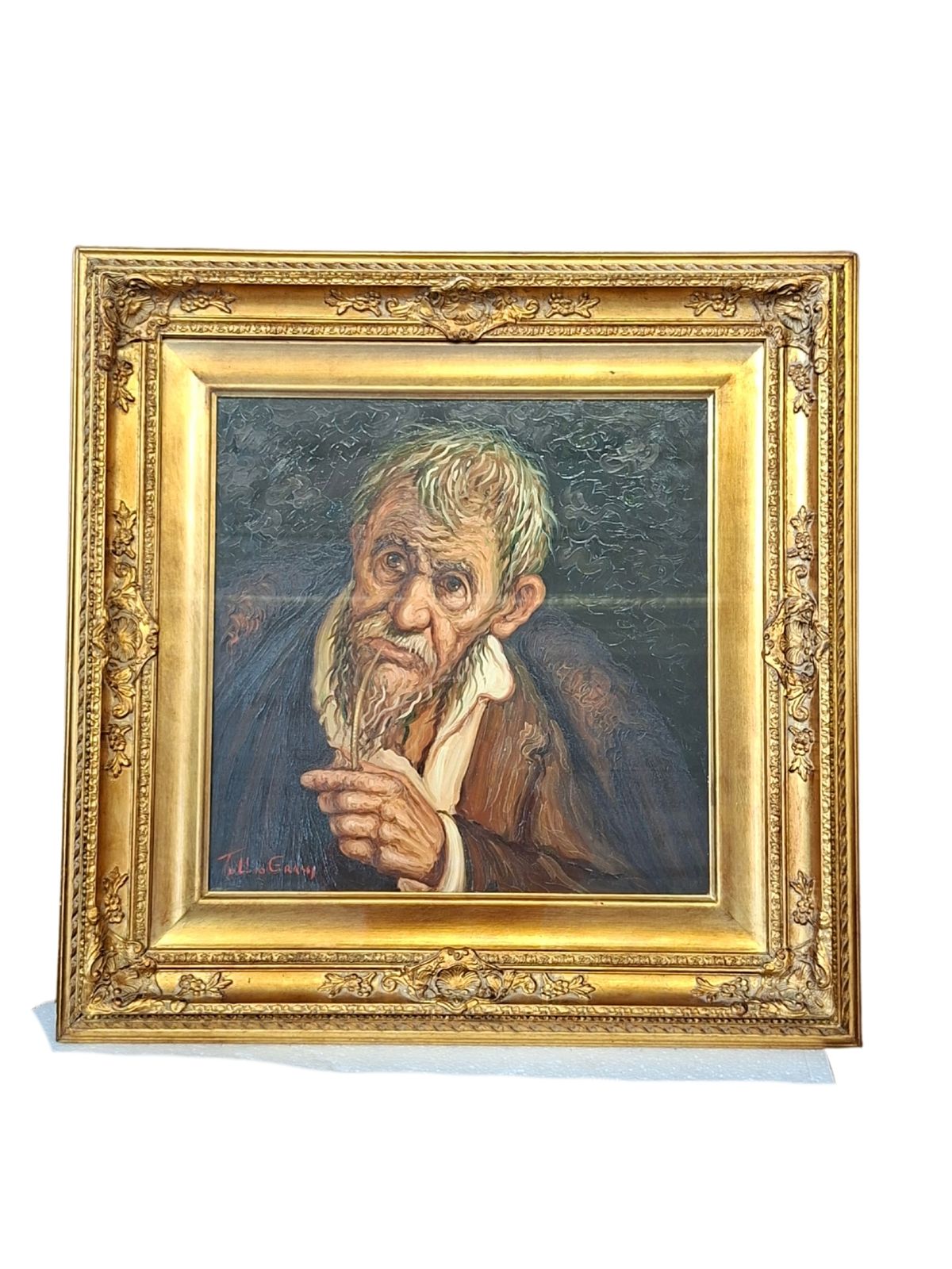 Art Raro Dipinto Olio Su Tela Di Tullio Grassi "Vecchio Con Pipa" photo