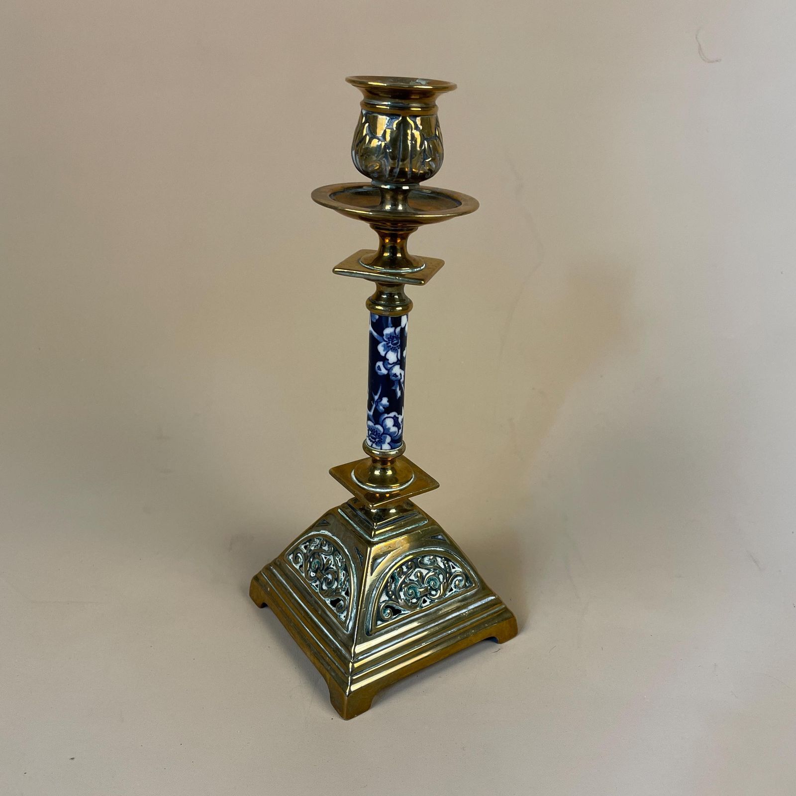 Antique Style Gold Brass Metal & Ceramic Candlestick Candle Holder Ornate Single Square Base Table Display Individual. photo furniture