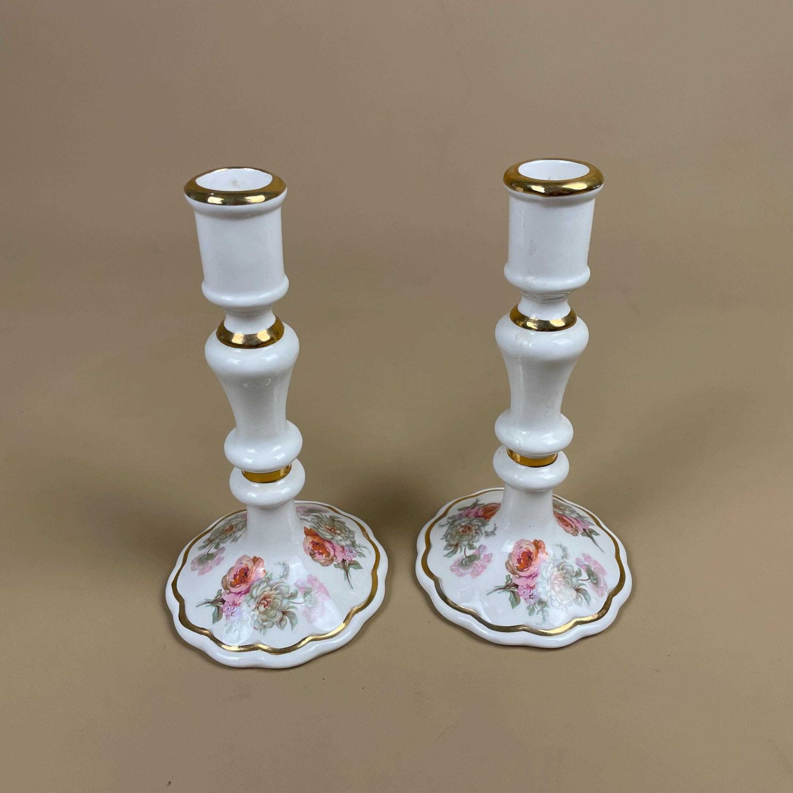 Pair Matching Ceramic Candlestick Holders Floral Royal Winton Pottery Scalloped Base White Pink Flowers Gold Rims Candle Holders Mantle