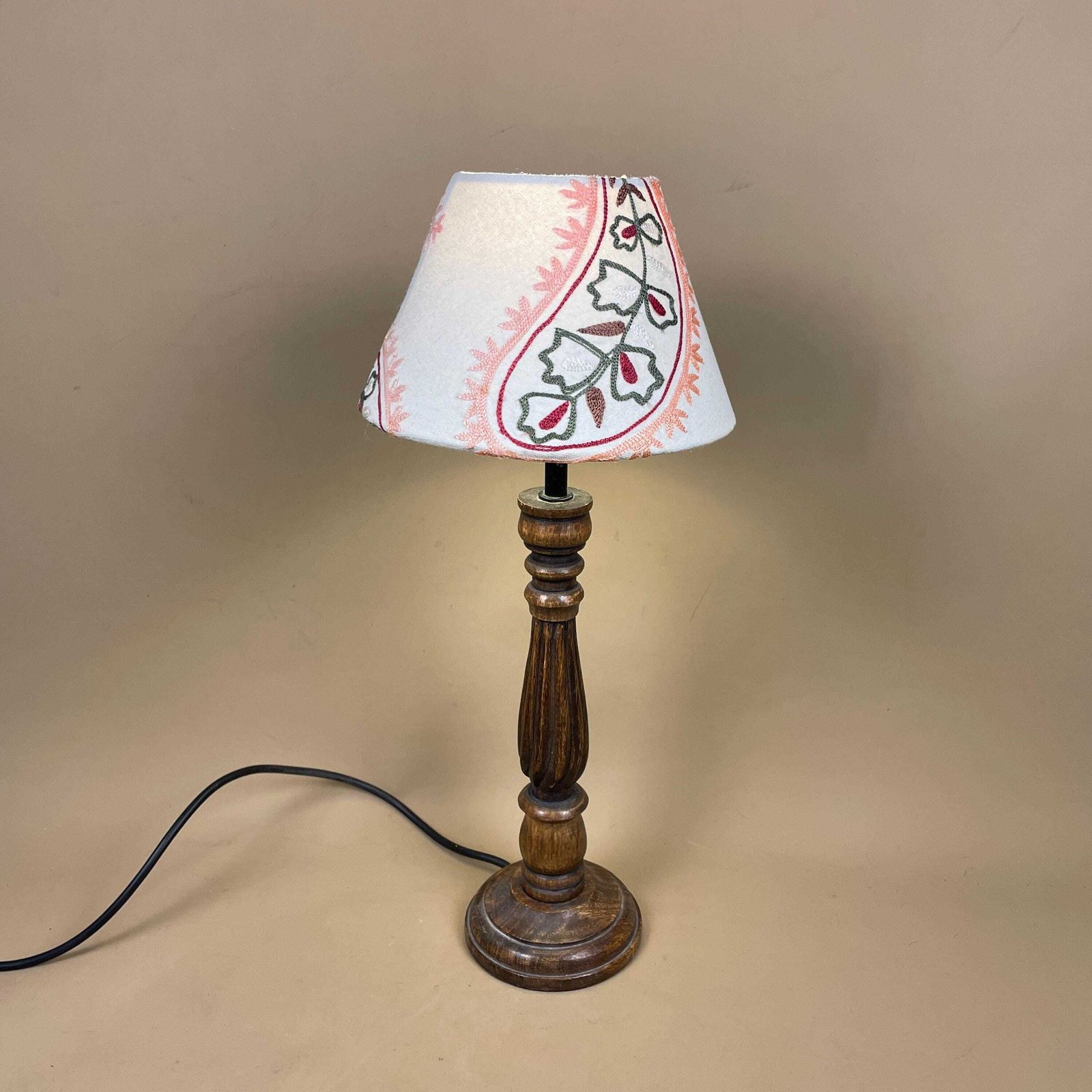 Wooden Table Lamp With Embroidered Shade Vintage Cottage Lighting Classic Bedside Home Accent Lamp Light Handmade Old photo vintage