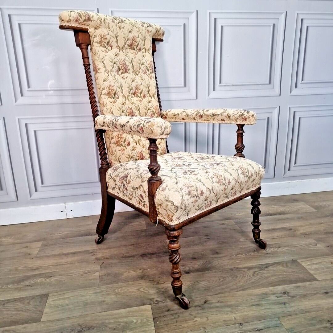 Antique Armchair Barley Twist Chair Upholstered High Back Victorian