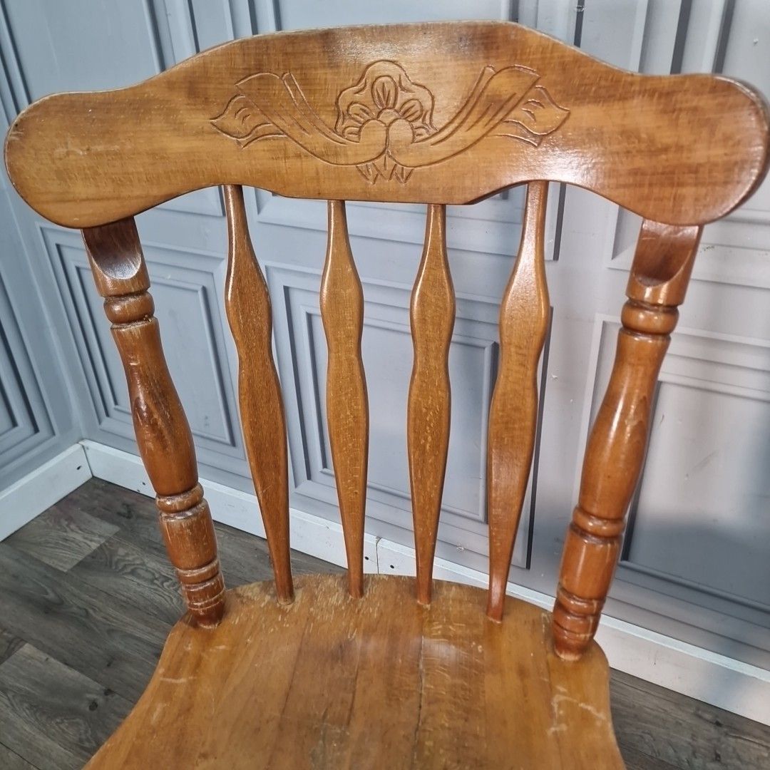 Vintage Dining Chairs Farmhouse Spindle Back – Pair Carved & Turned Wood Retro photo vintage