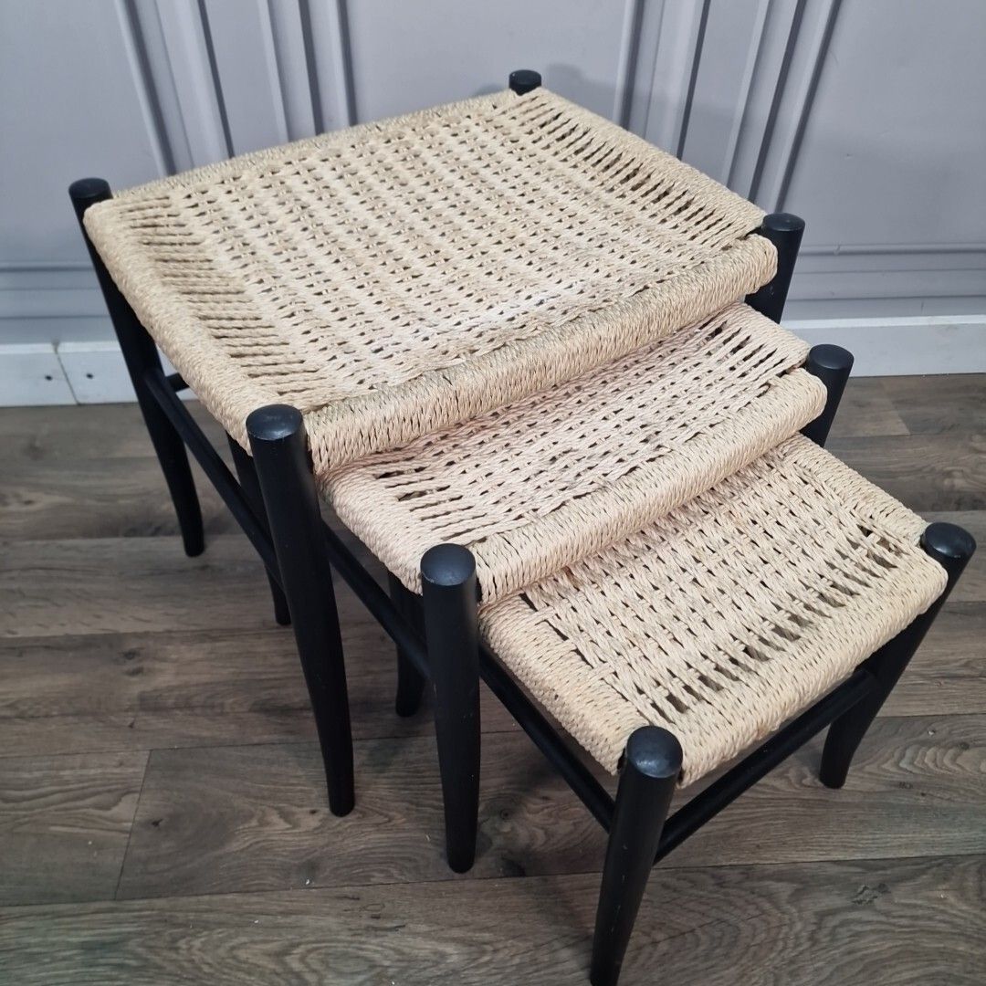Vintage Nesting Tables Ebonized Danish Cord Woven 1960's Nest Of Stools Retro photo Furniture
