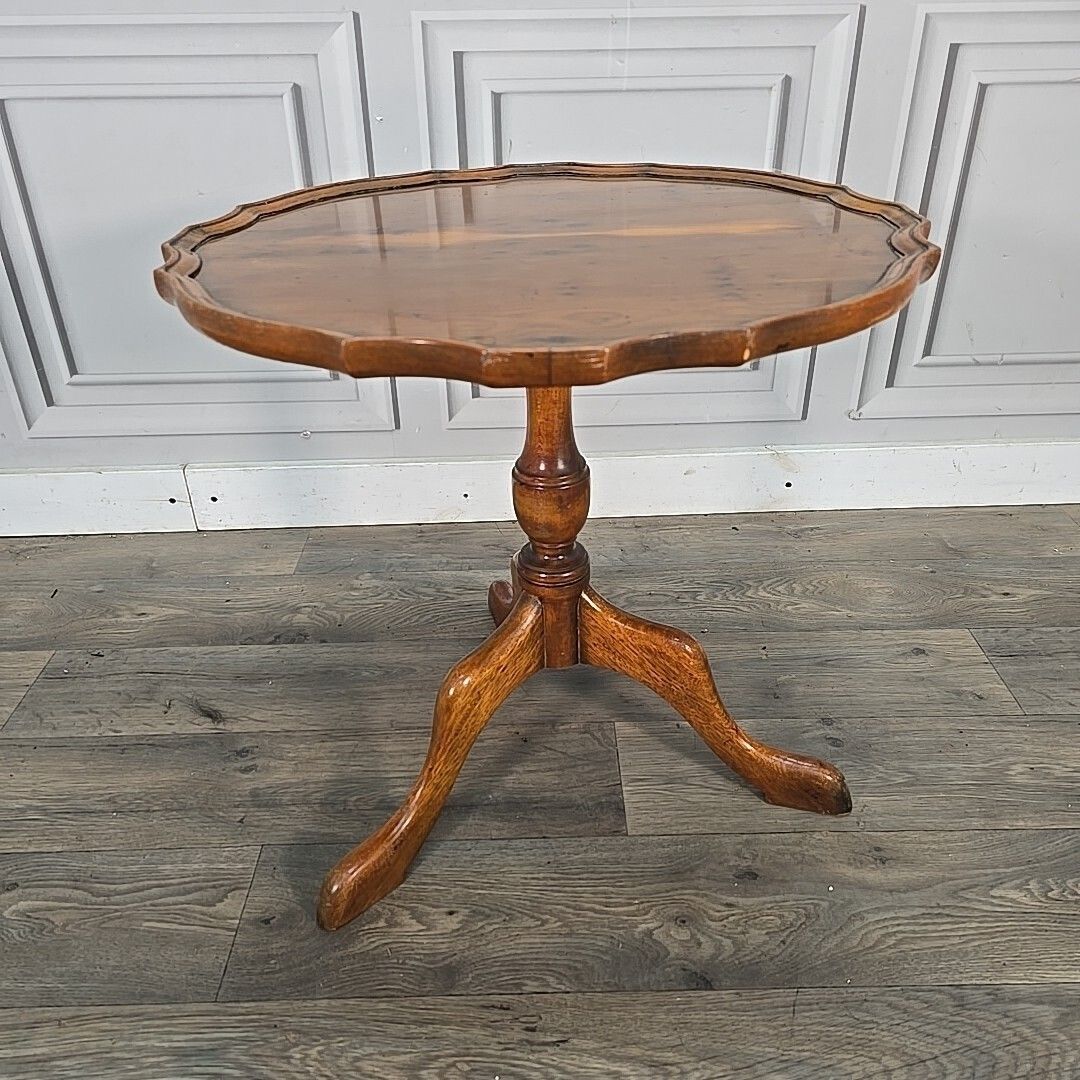 Antique Pedestal Wine Table Charles Barr Scalloped Edge – Yew Wood – Pie Crust photo furniture