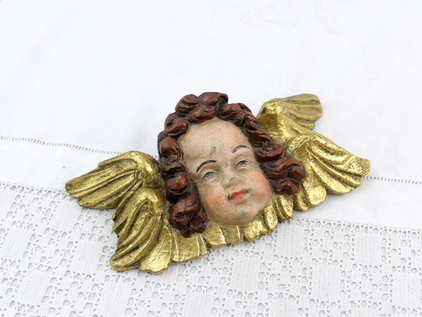Vintage French Wall Mounted Cherubim Figurine With Gold Gilded Wings, Retro Angel's Head, Putti Cherub Statuette Church Style Decor