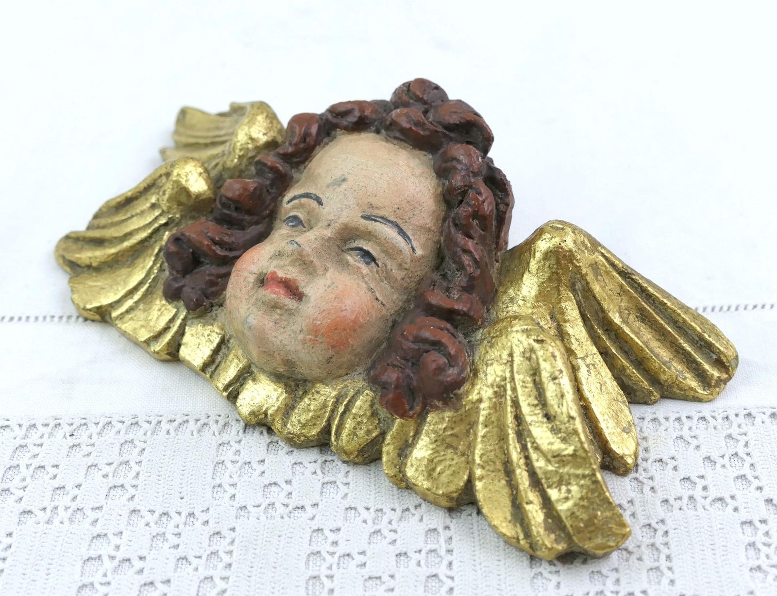 Vintage French Wall Mounted Cherubim Figurine With Gold Gilded Wings, Retro Angel's Head, Putti Cherub Statuette Church Style Decor photo furniture