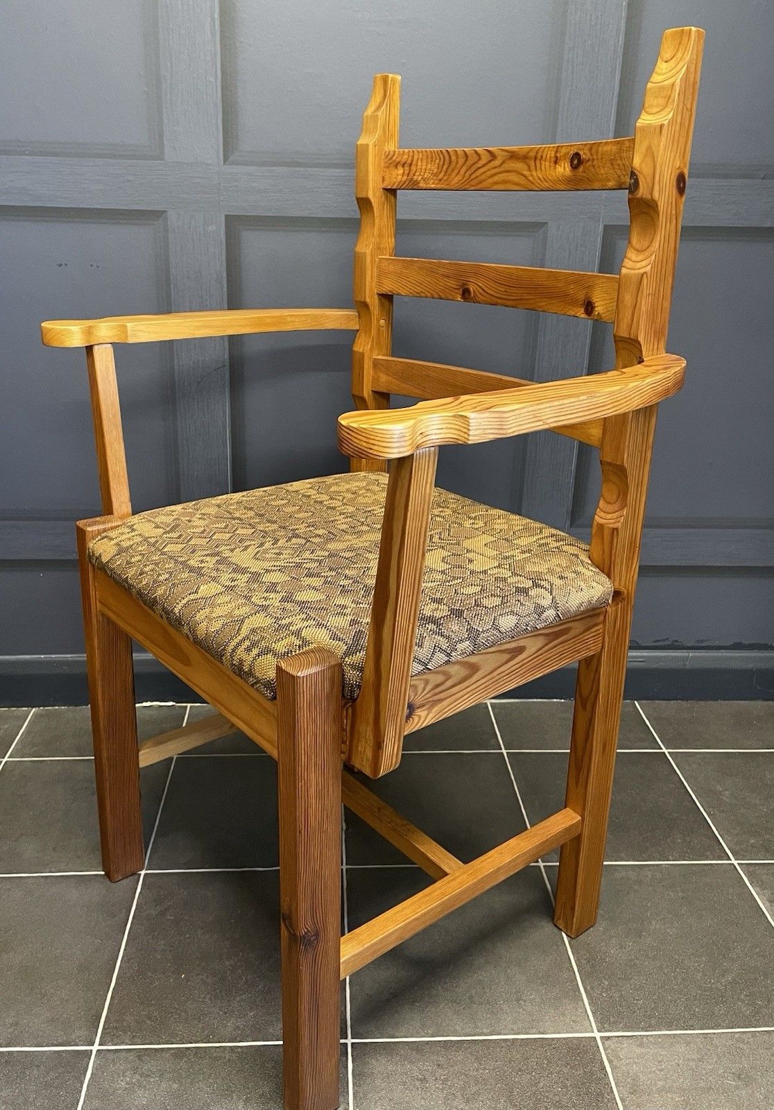 Mid Century Pine Ladder Back Desk Chair Armchair Original Fabric Stamped Js S photo for sale