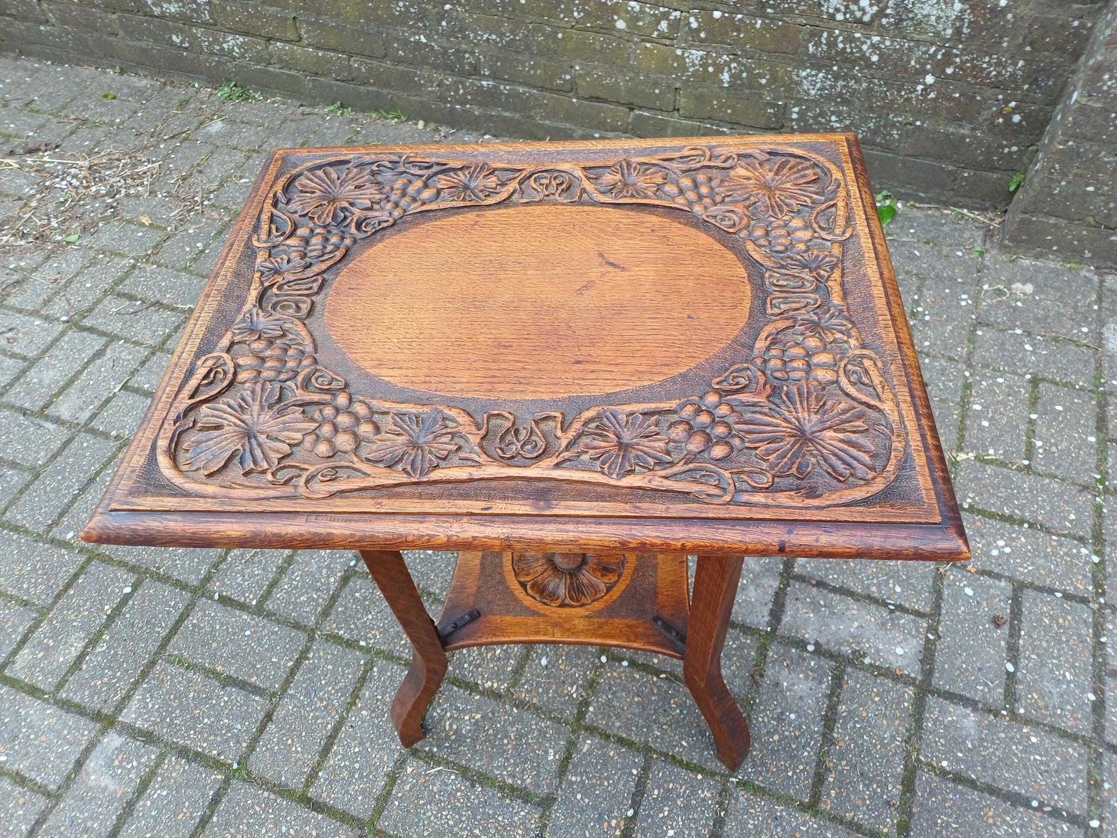 Antique Arts And Crafts Oak Side Table Vintage Hand Carved Floral Oak Occasional Table Early 20th Century photo buy