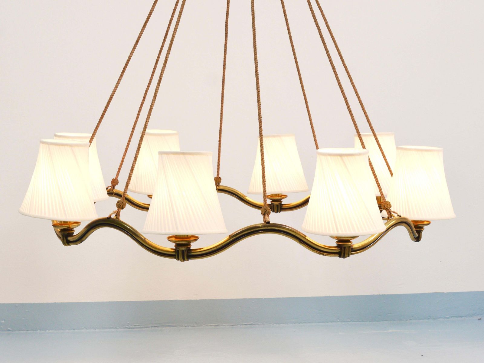 photo furniture Hugo Gorge Large 48“ Viennese Modernism Curved Brass Wave Chandelier, 1940s