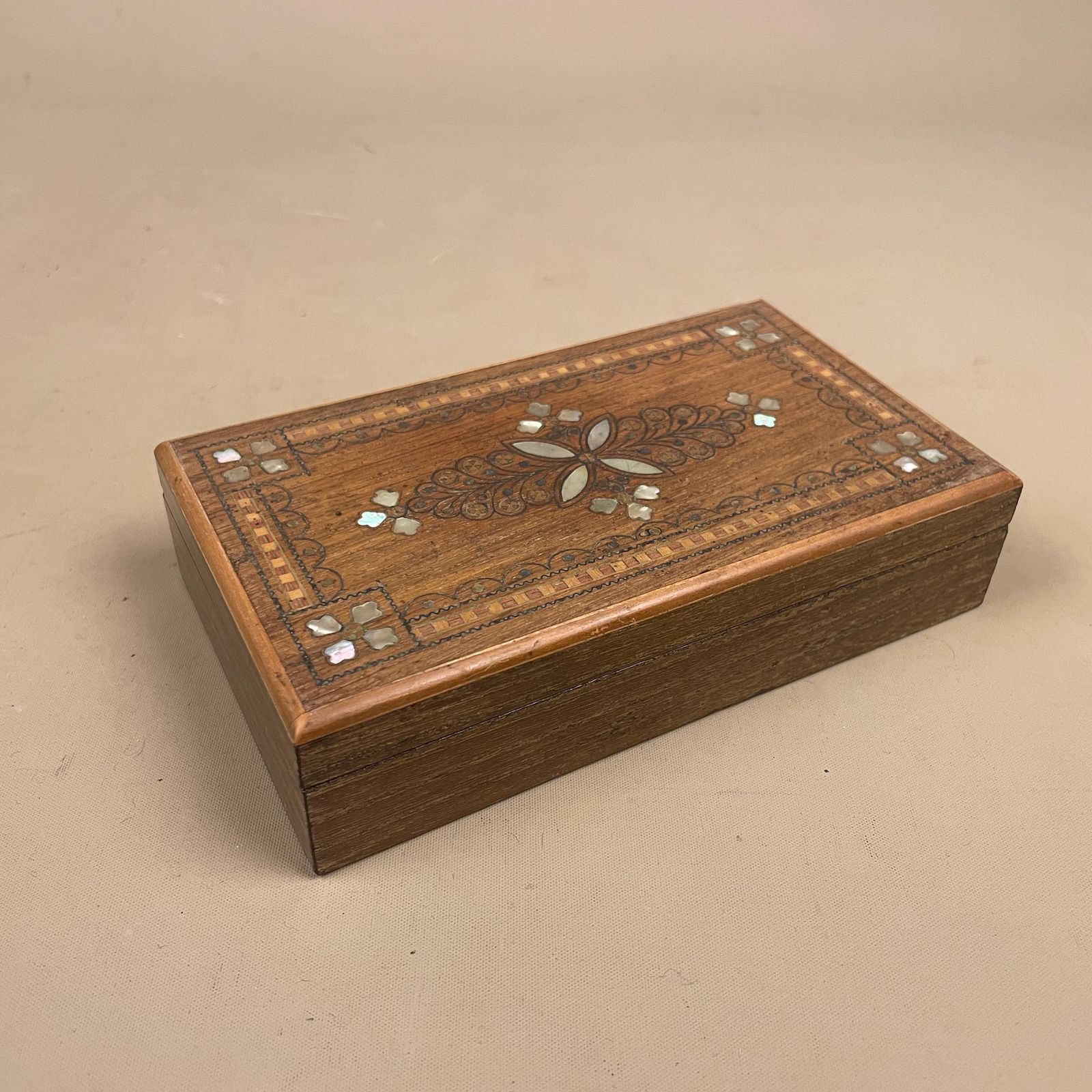 Wooden Rectangle Marquetry Inlay Box Trinket Jewellery Lidded Top Lid Patterned Pattern Handmade Table Top Wood Detailed Ornate Pattern photo Home Decor
