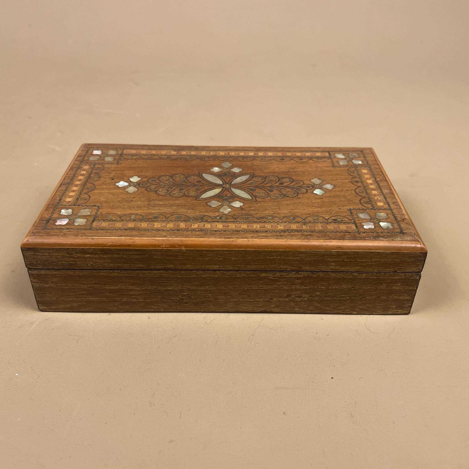 Wooden Rectangle Marquetry Inlay Box Trinket Jewellery Lidded Top Lid Patterned Pattern Handmade Table Top Wood Detailed Ornate Pattern photo buy